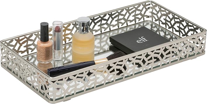 Home Details Leaf Design Mirrored Vanity Tray | Dresser | Perfume | Desk | Cosmetic | Jewelry Organizer | Decorative | Satin Silver