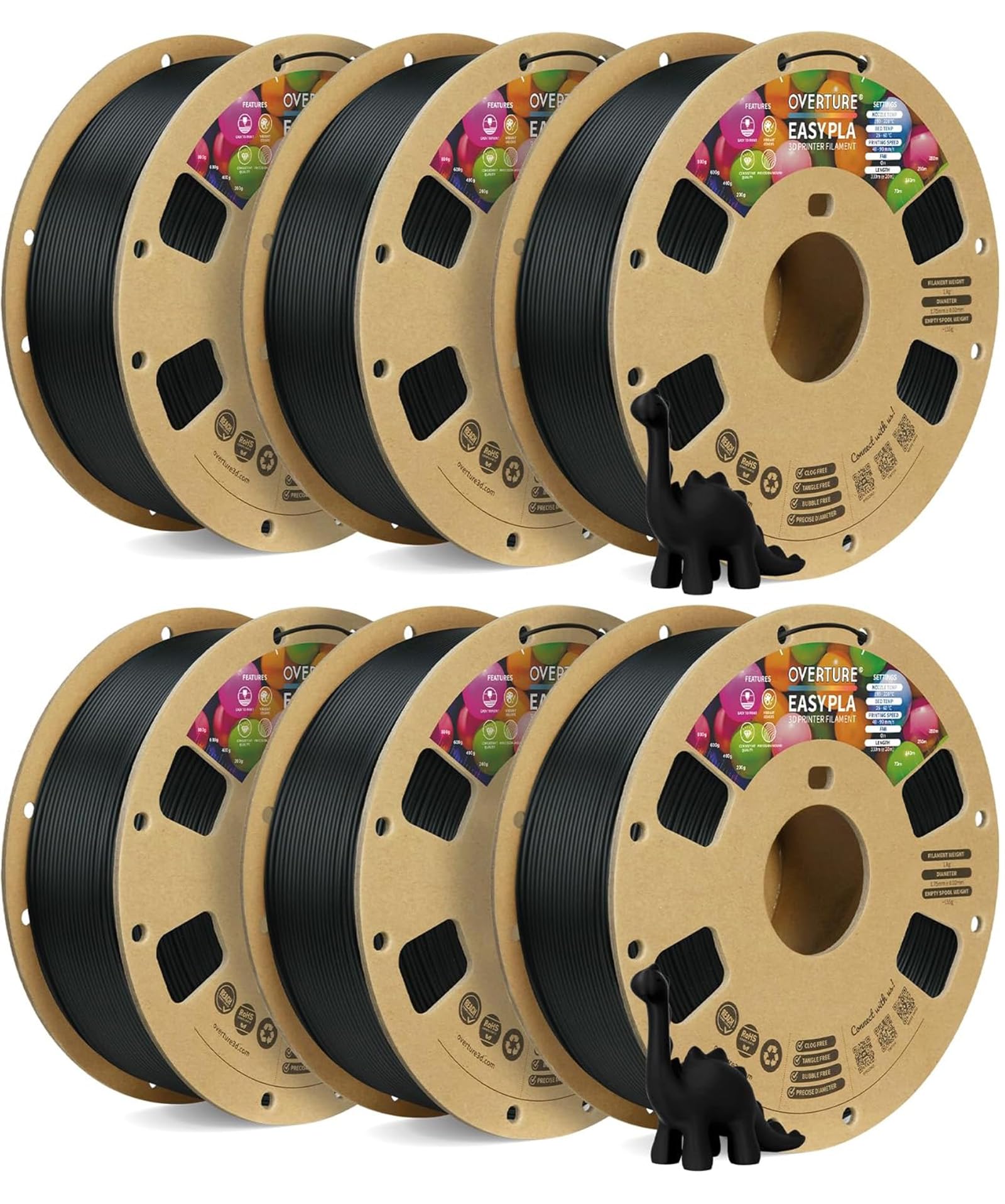 OVERTURE 6KG Bundle Easy PLA 1.75mm 3D Printer Filament, 6 Pack 1kg Spool (2.2lbs), Dimensional Accuracy +/- 0.02mm, Fit Most FDM Printe (Easy Black*6