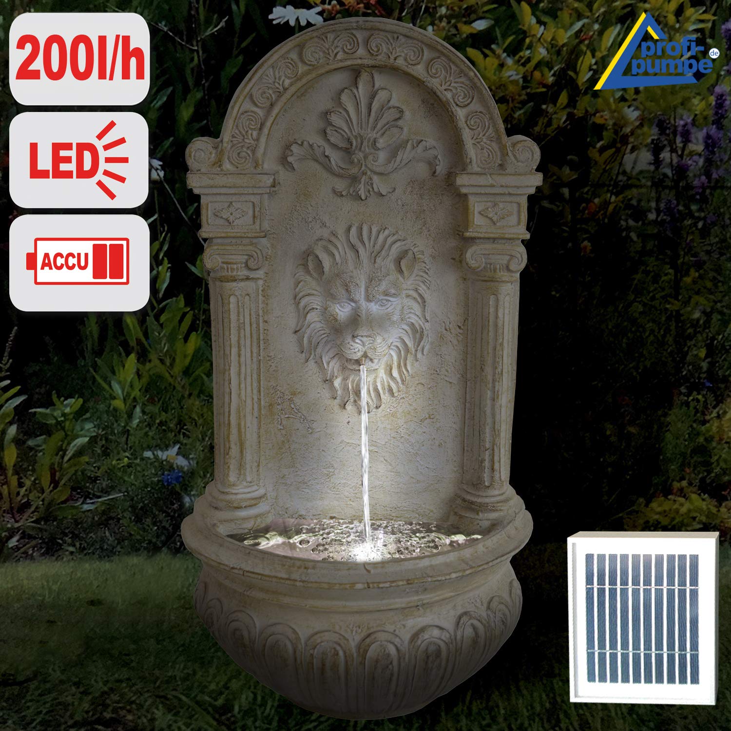 Fontaine de jardin solaire Fontaine Bain d'oiseaux Cascade Décoration de jardin avec pompe, jeu d'eau pour jardin terrasse, fontaine murale, balcon, fontaine Löwen très décorative, lampe de jardin LED