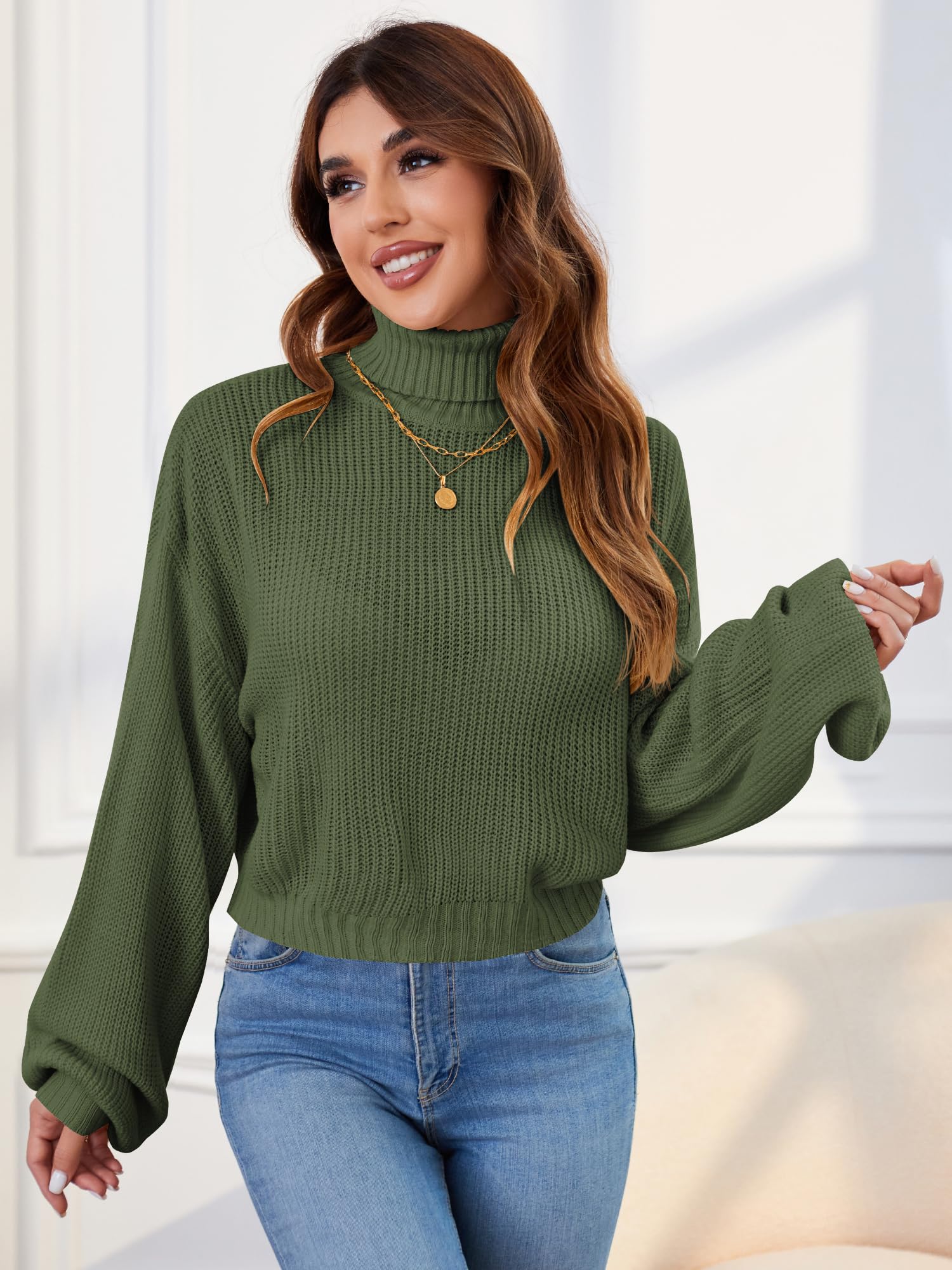 ZAFUL Women's Crew Neck Long Sleeve Pullover Crop Sweater Mock Neck Lantern Sleeve Ribbed Knit Cropped Sweater