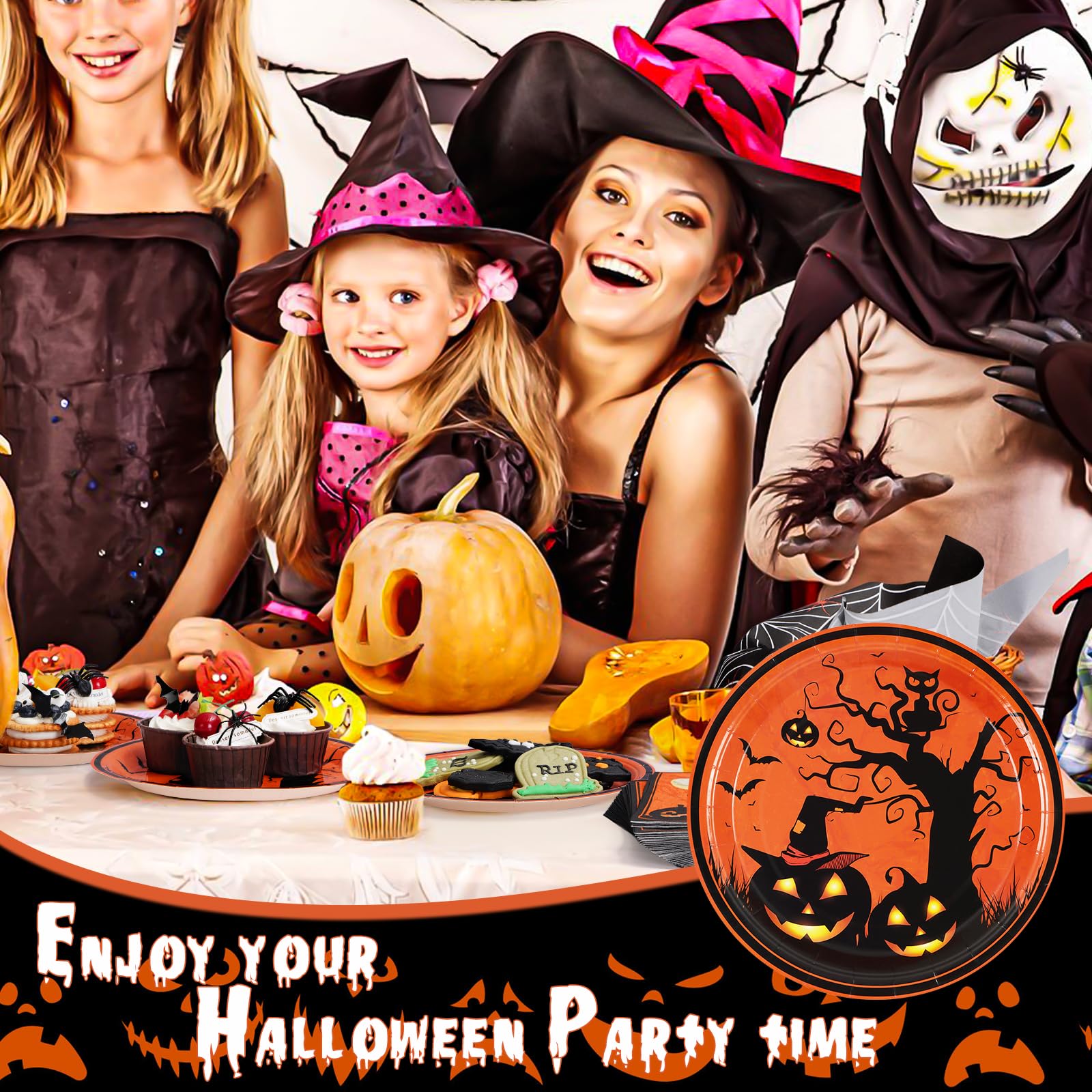 Spooky Halloween Dinnerware Sets for Festive Meals 5 Homlouue 200 piece Halloween paper plates and napkins with black pumpkin, bat and cat designs