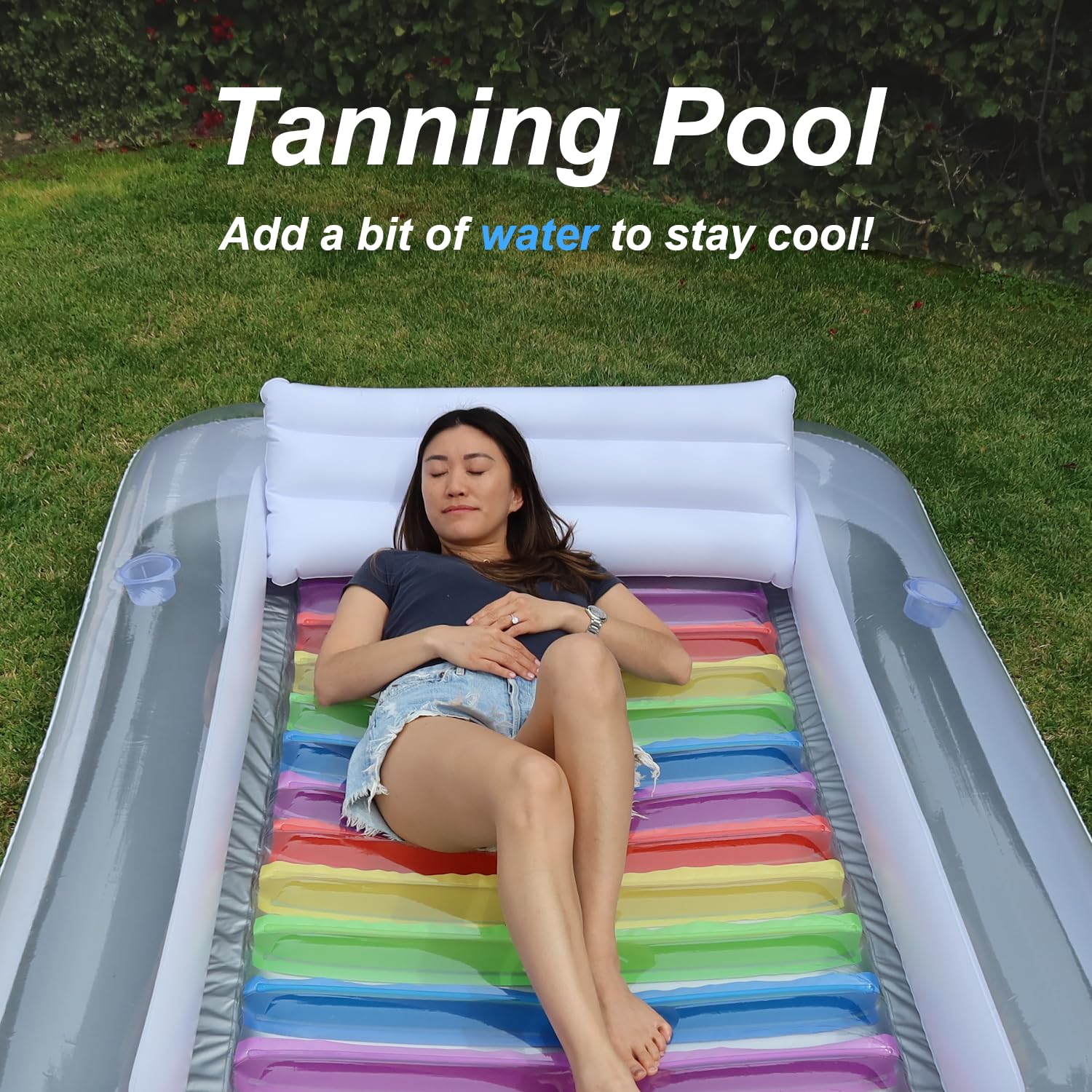 Inflatable Tanning Pool Lounger Float w/Reflective Base (Electric Pump Included) 85” x 58” - Sun Bathing Sun Tanning in Pool or Backyard: White (W/ Reflective Base)