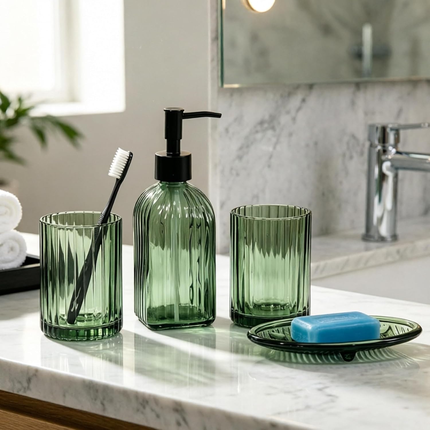 Glass Bathroom Accessories Set, Bathroom Set with Soap Dispenser, Toothbrush Holder, Mouthwash Cup & Soap Dish, Sleek Organizer for Contemporary Home/Hotel Decor, Countertop Vanity Organize (Green)