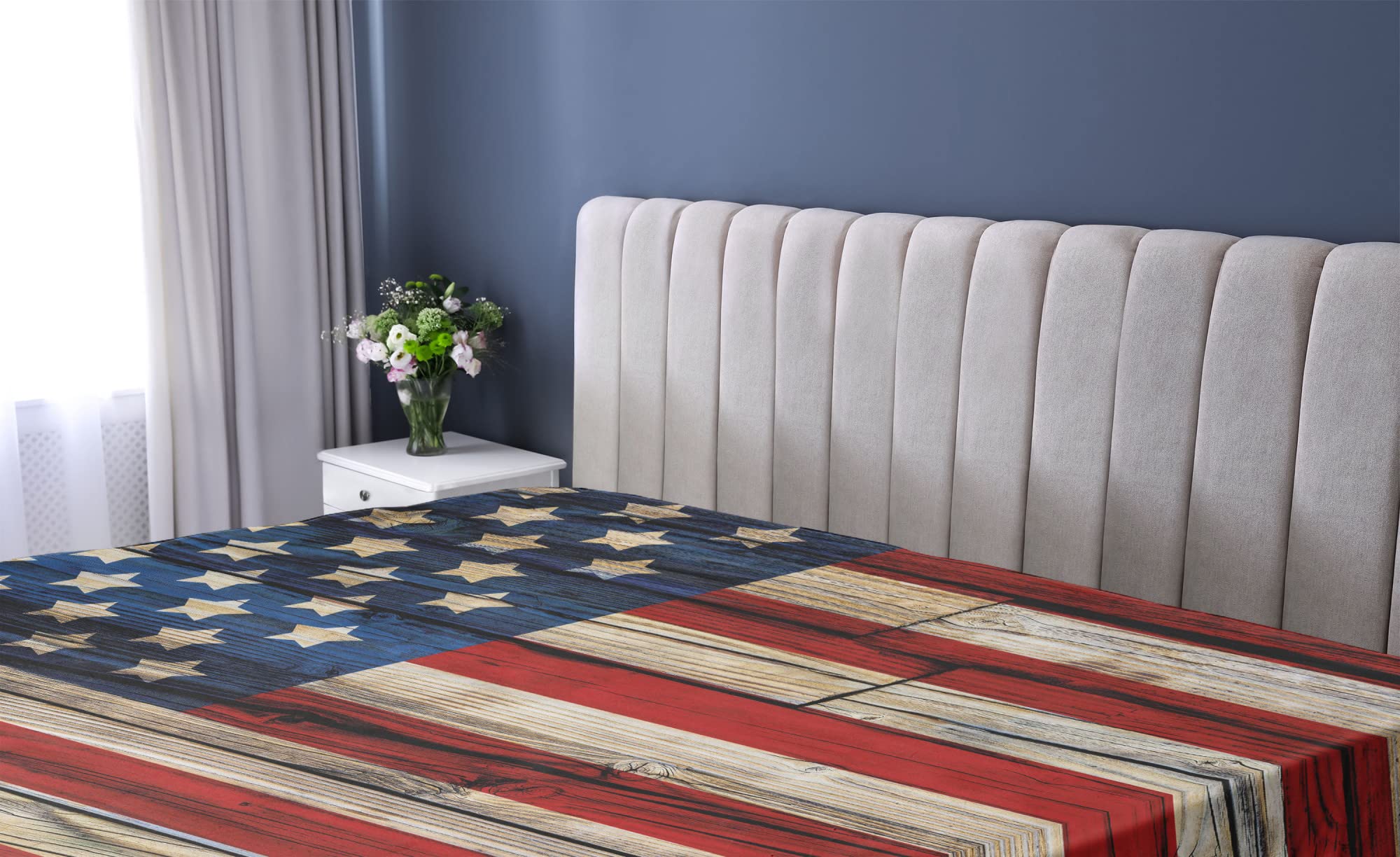 Ambesonne 4th of July Fitted Sheet, Wooden Planks Painted as United States Flag Patriotic Country Style, Bed Cover with All-Round Elastic Deep Pocket for Comfort, California King, Red Beige Navy Blue