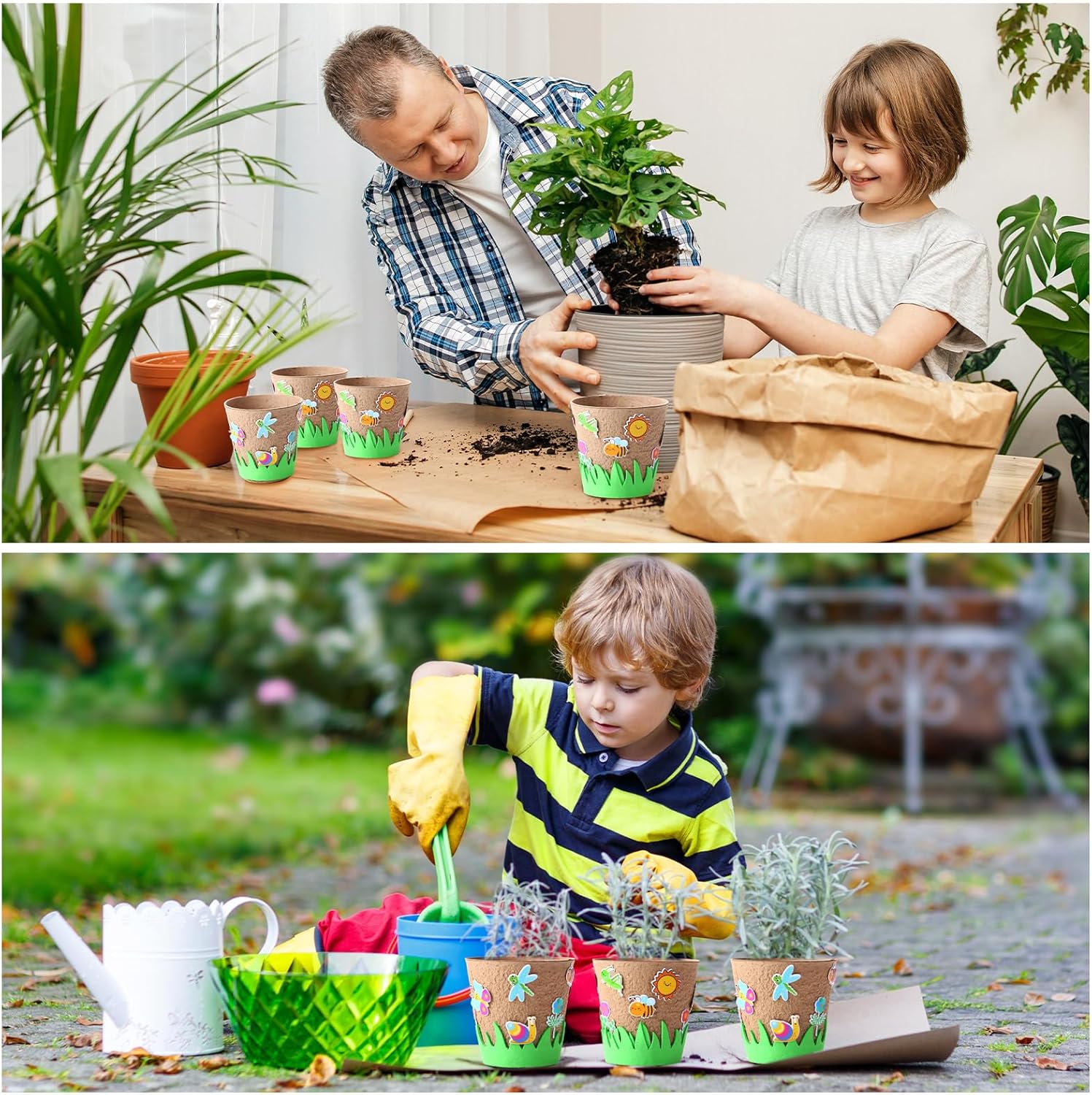 Sunnychicc 144 Pcs 4 Inch Garden Paper Pot Craft Kit Spring Crafts Bulk Including Round Paper Mache Pots Adhesive Foam Sticker EVA Grass Sticker Mother's Day DIY Planting Growing Garden Kit