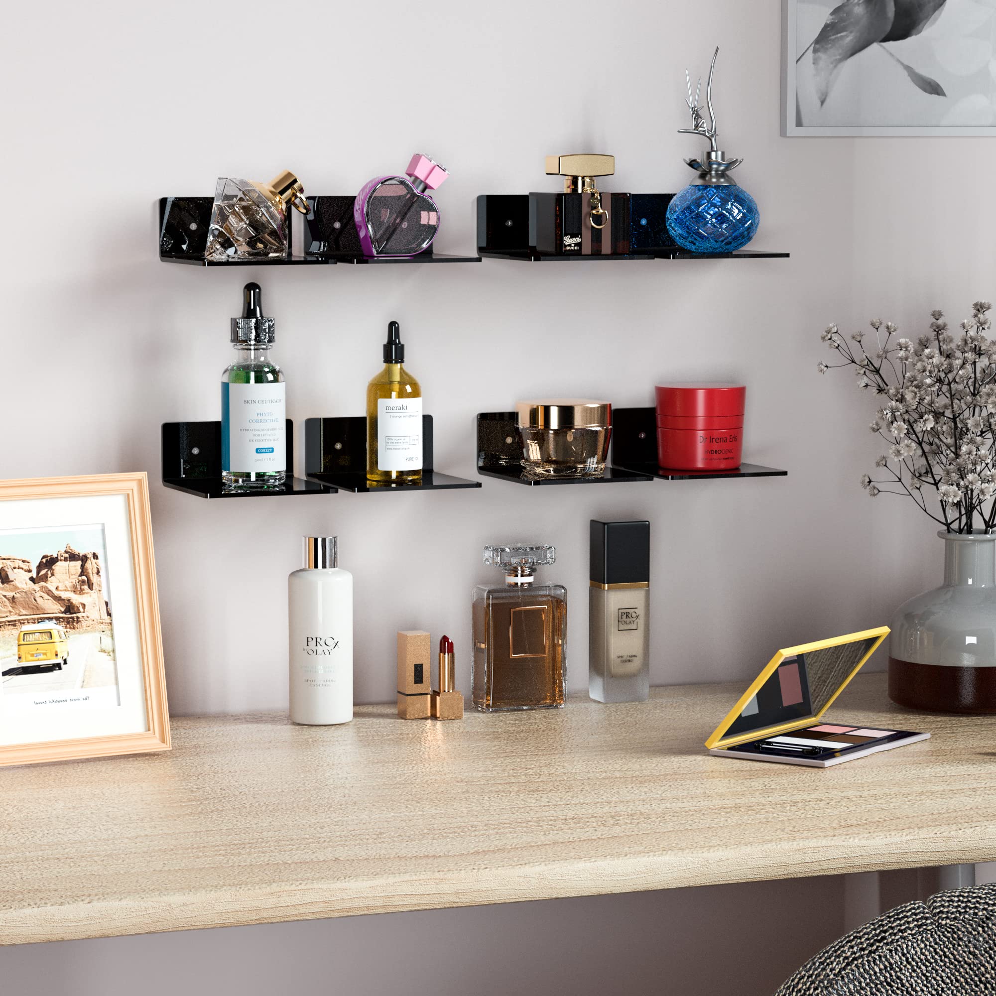 Sezanrpt 15 cm pequeños estantes de pared negros juego de 2, estante de exhibición montado en la pared para dormitorio, sala de estar, altavoz inteligente, reloj, decoración, paquete de 2 unidades