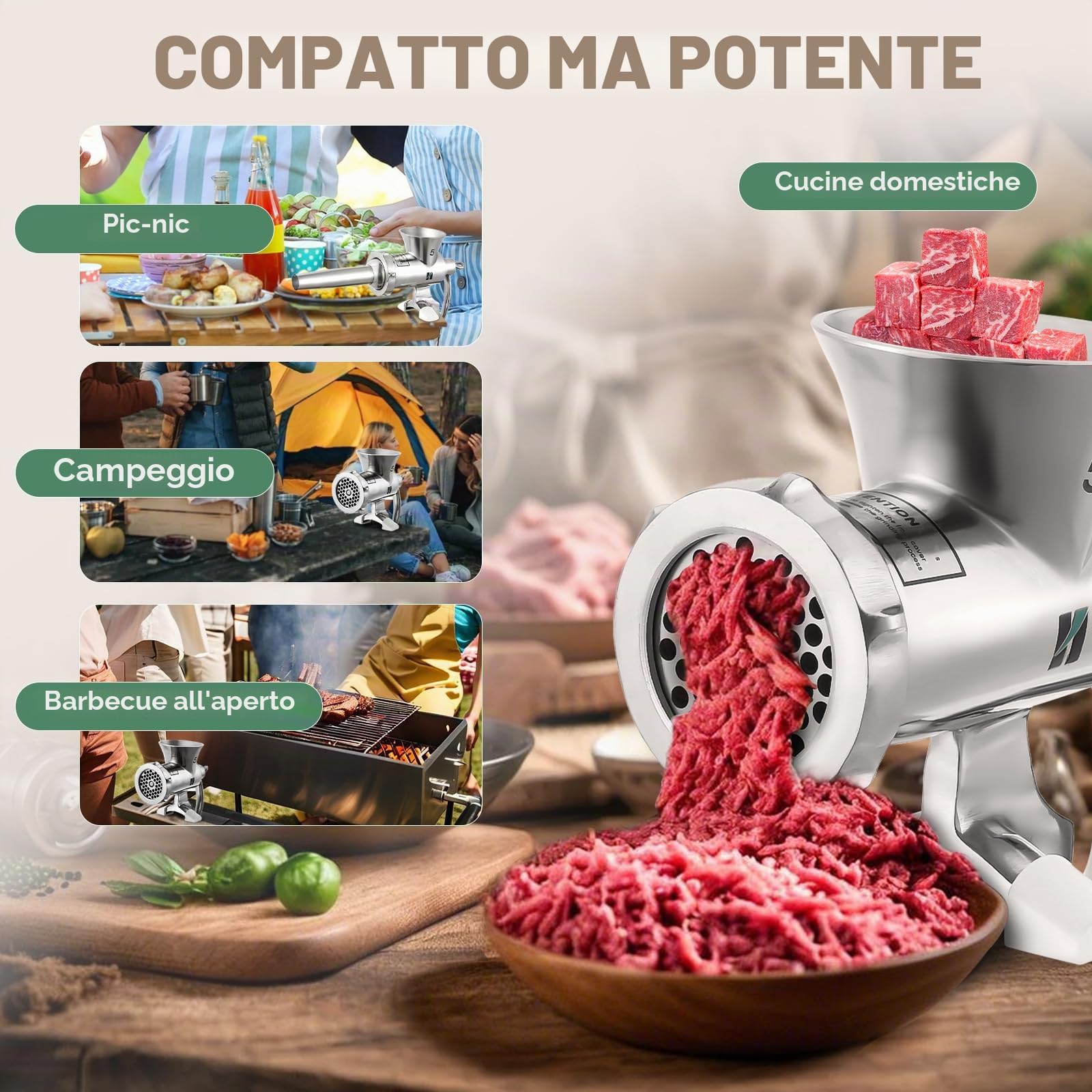Huanyu Tritacarne manuale in acciaio inossidabile con insaccatrice per salsicce e accessorio per biscotti Lavabile in lavastoviglie Tritacarne manuale per carne bovina, suina e verdure (n. 5)