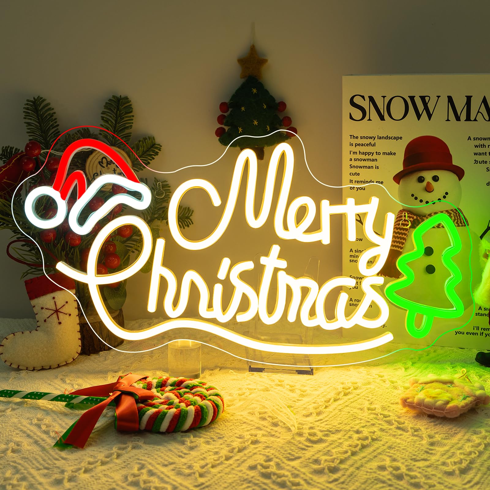 NOXET Merry Christmas Neon Sign Christmas Neon Light Sign WithTree And Hat Led Xmas Neon Light For Wall Merry Xmas Neon Light For Party,Bar,Pub,Club, Bedroom Decorations,Festive Decorations