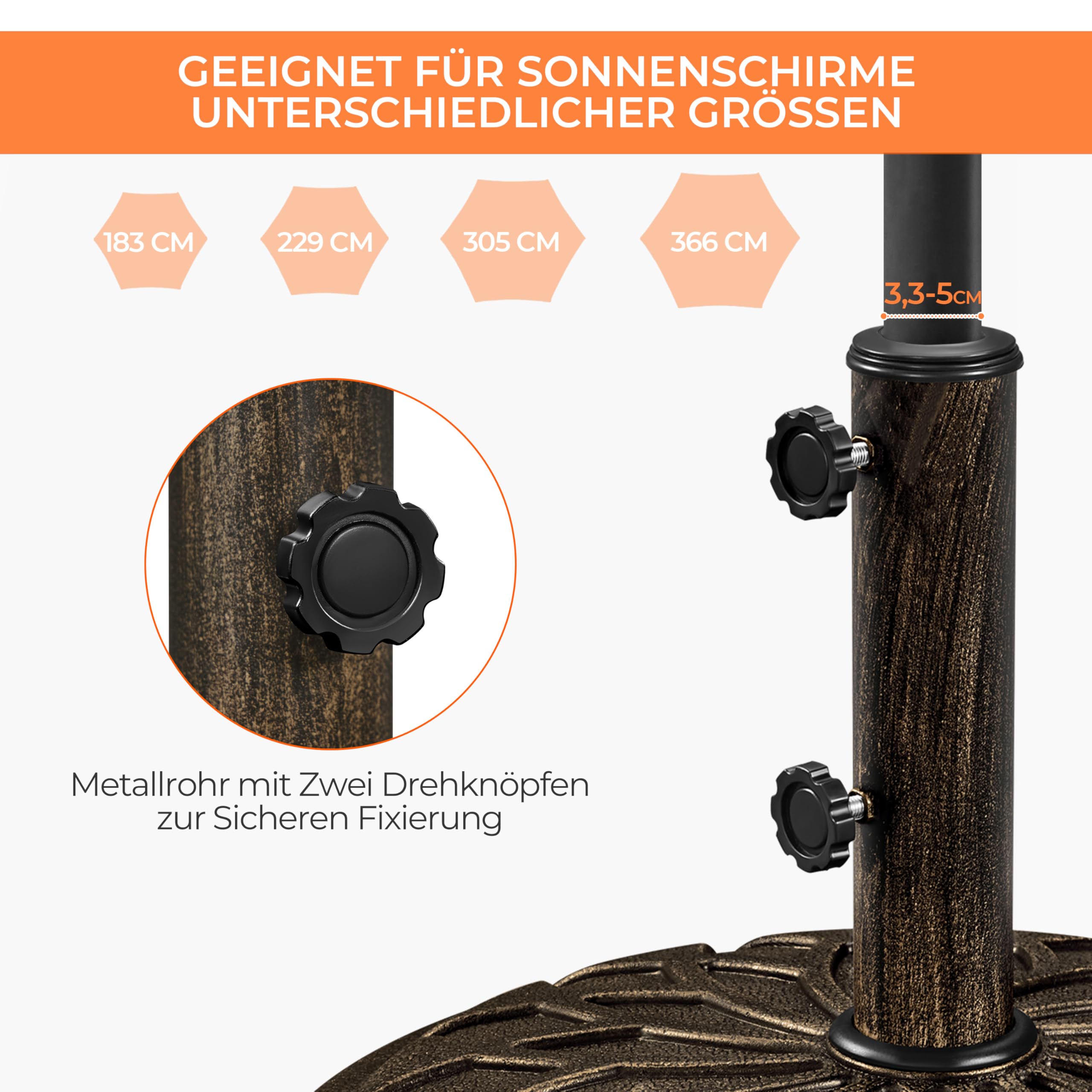 Yaheetech 24,7 kg Sonnenschirmständer mit Rollen ø50,6 cm Schirmständer Sonnenschirm Stabiler Schirmhalter für Schirmstangen von 34/38/48 mm für Garten/Balkon/Strand, Bronze