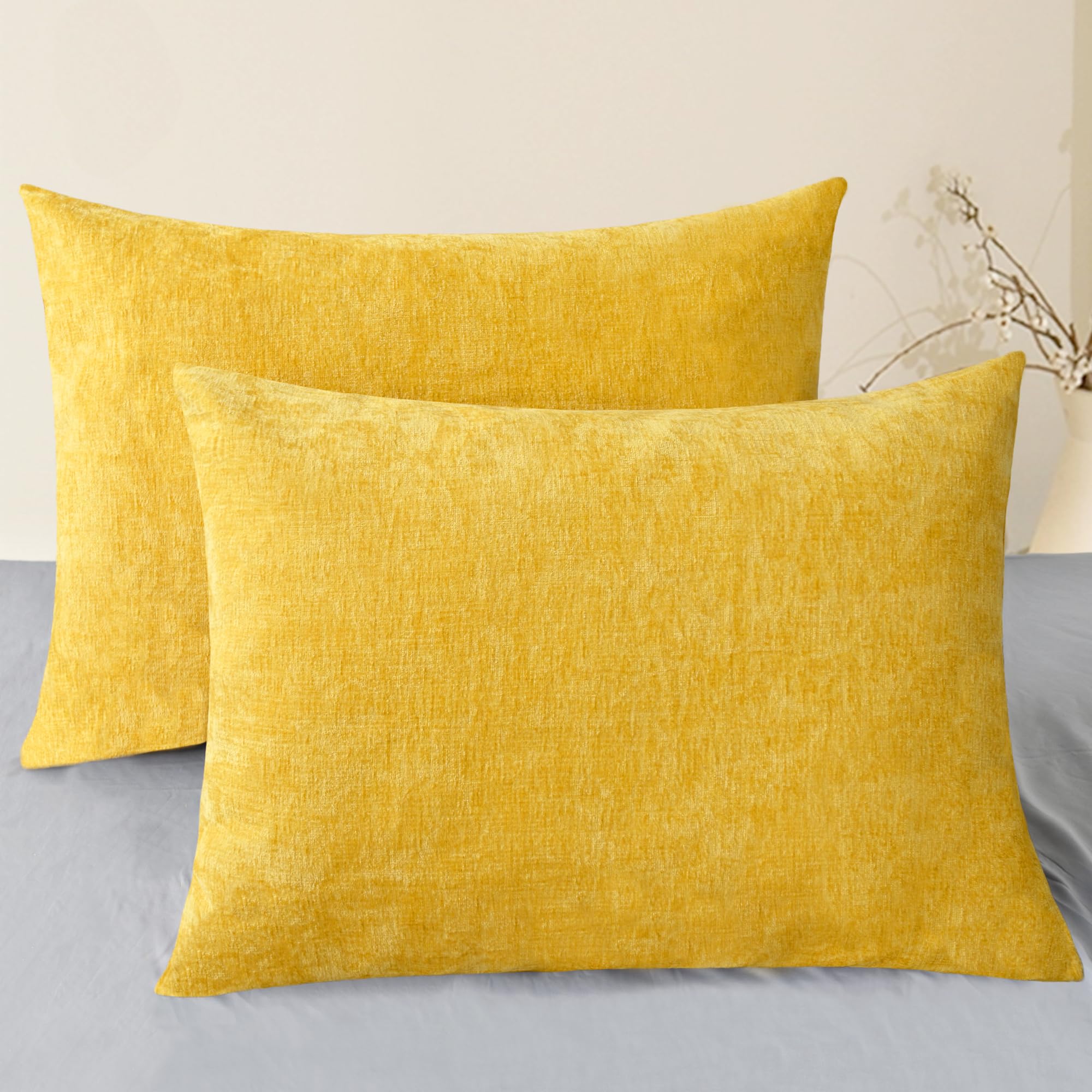 CaliTime Throw Pillow Covers Decorative 20 X 26 Inches Pack of 2 Cozy Chenille Standard Pillow Shams Cases for Couch Sofa Bed Living Room Home Mustard