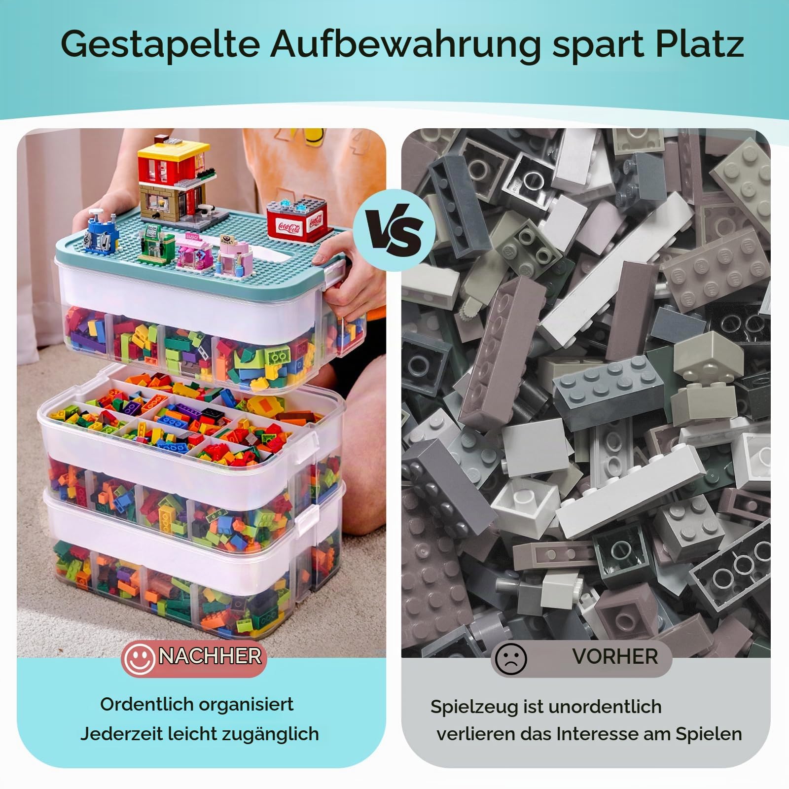 Kinder Aufbewahrungsbox mit Deckel für Lego Bausteine, 3 Stufen | Aufbewahrungsboxen für Lego, Stapelbar Kunststoff Aufbewahrung Transparent mit FäChern zur Aufbewahrung von Kinderspielzeug