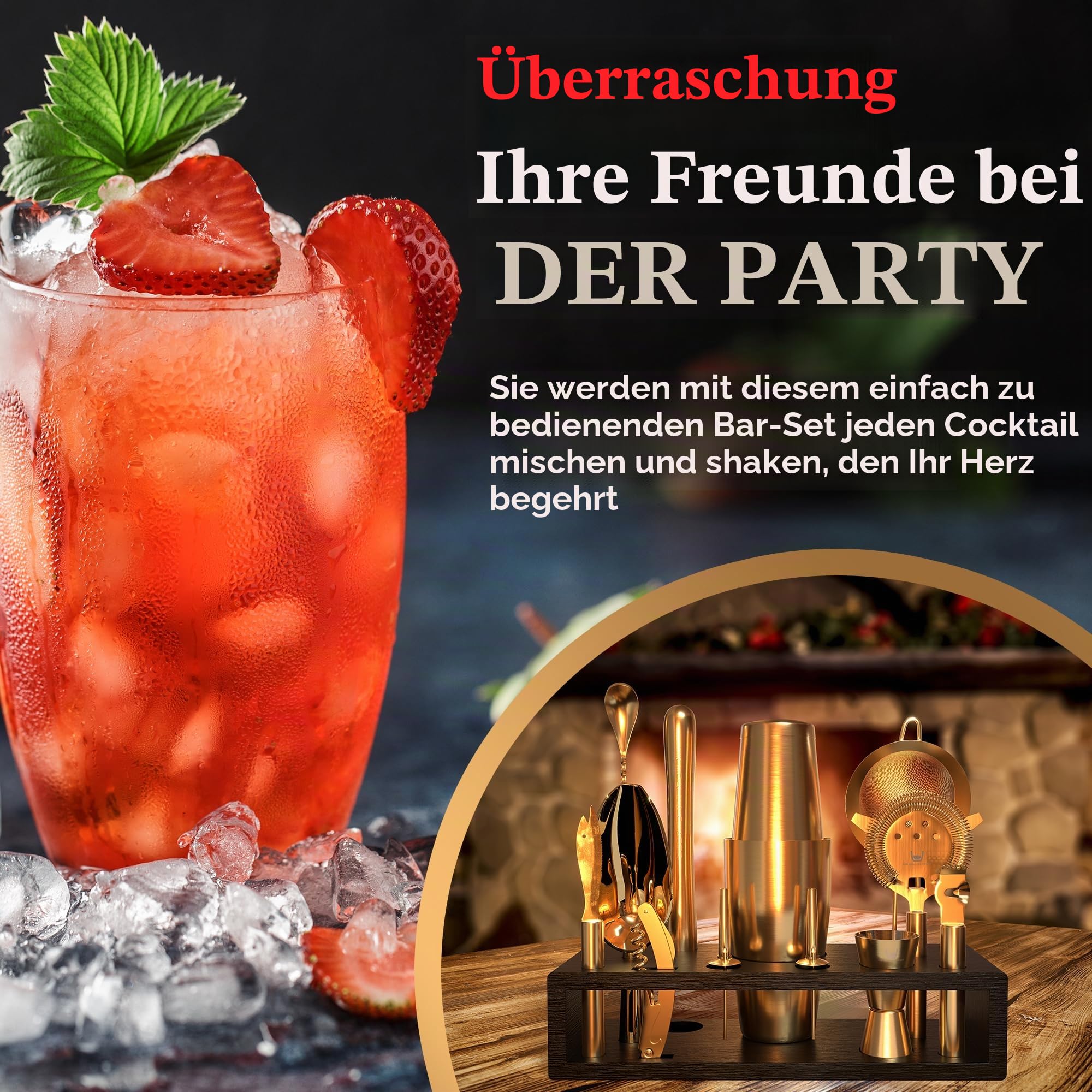 Highball & Chaser Barkeeper-Set mit schwarzem Bambusständer, schönes Cocktail-Shaker-Set und Bar-Werkzeuge, Edelstahl, Boston Shaker, Barkeeper-Kit mit Ständer (antikes Gold)