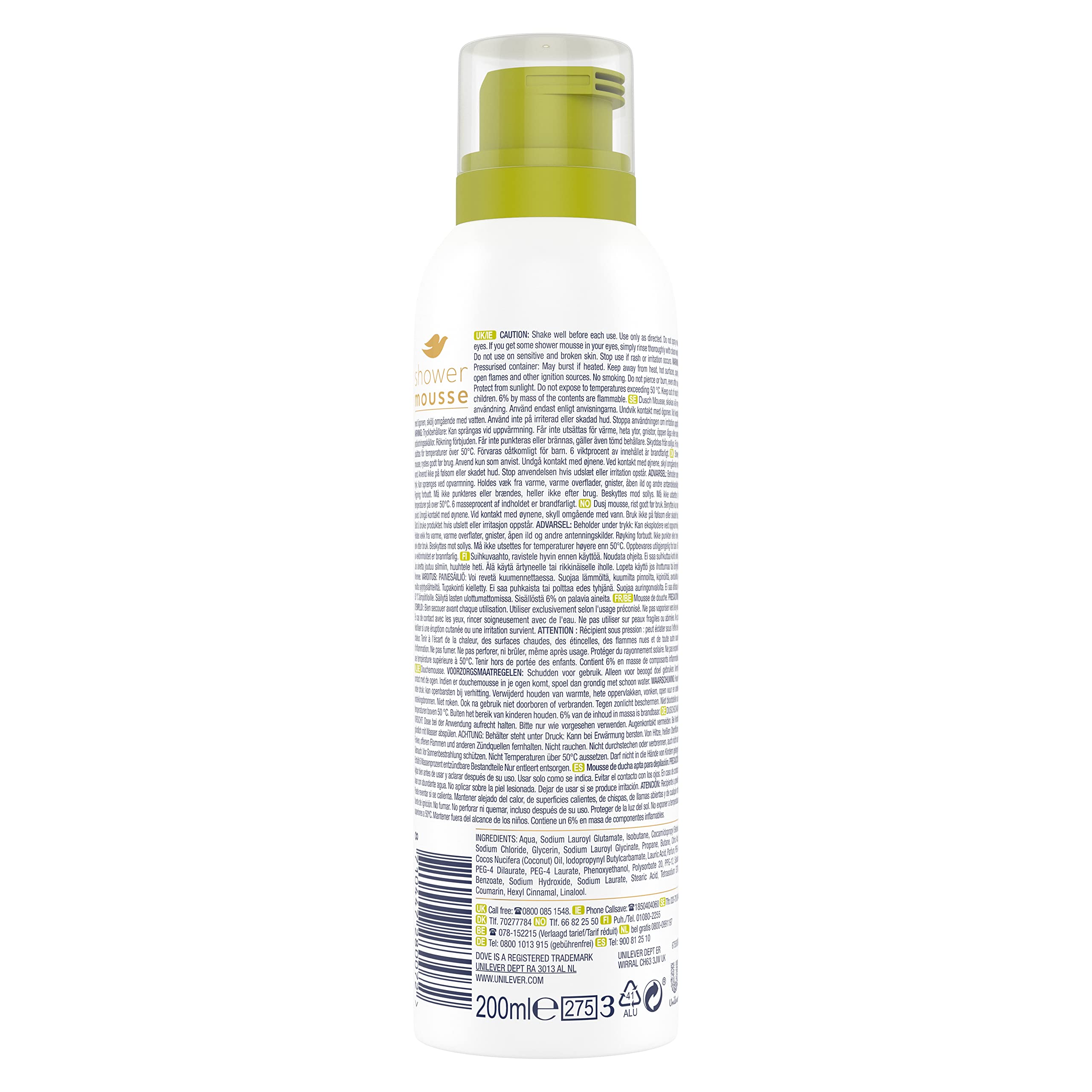 Aceite de coco Dove Shower Mousse, 200 ml, 6 unidades