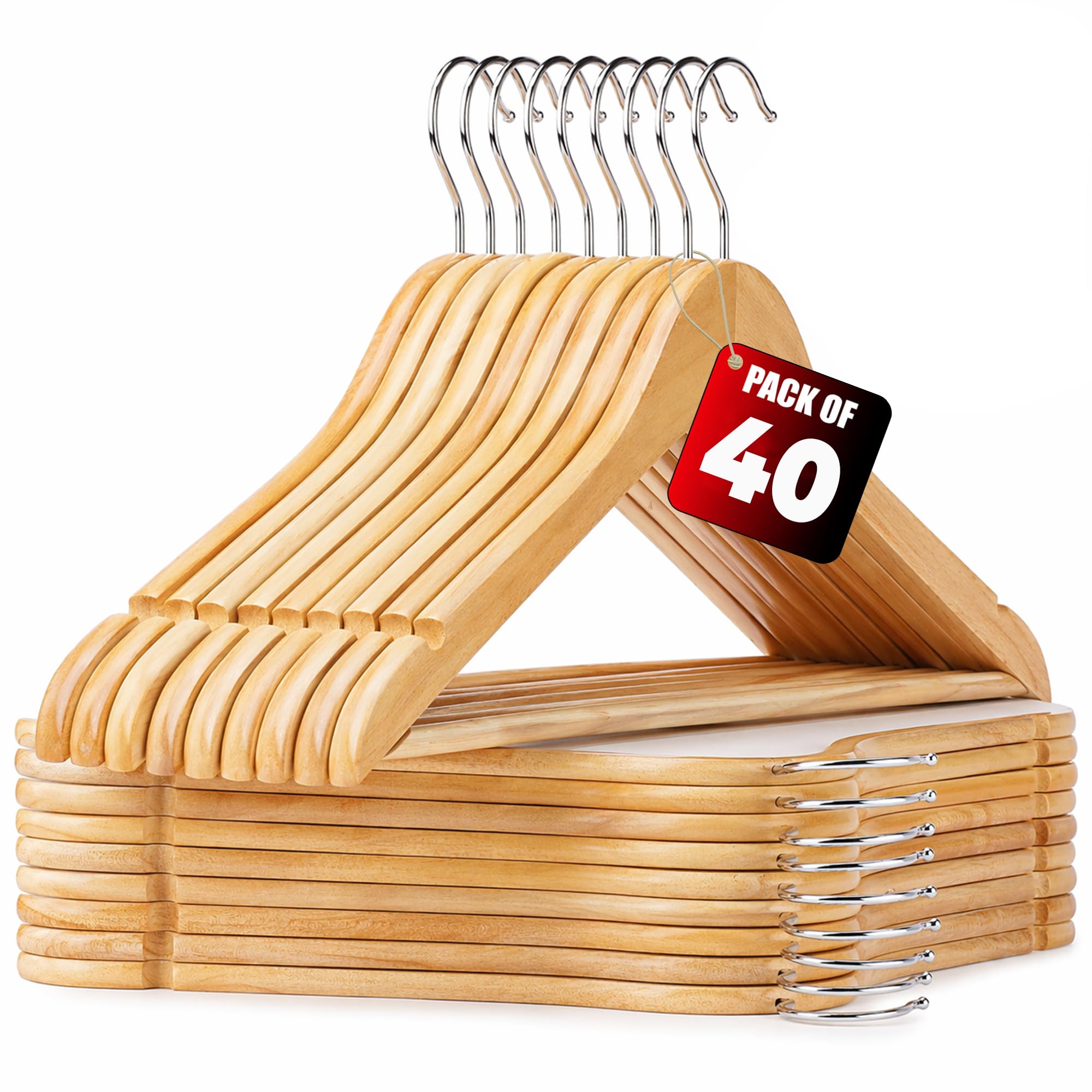 Meown Wooden Coat Hangers, 40 Pack, Natural Wood Clothes Hangers with 360° Swivel Hook, Non-Slip Bar, Shoulder Notches, Durable, Slim Hanger Set for Shirts, Coats & Suits