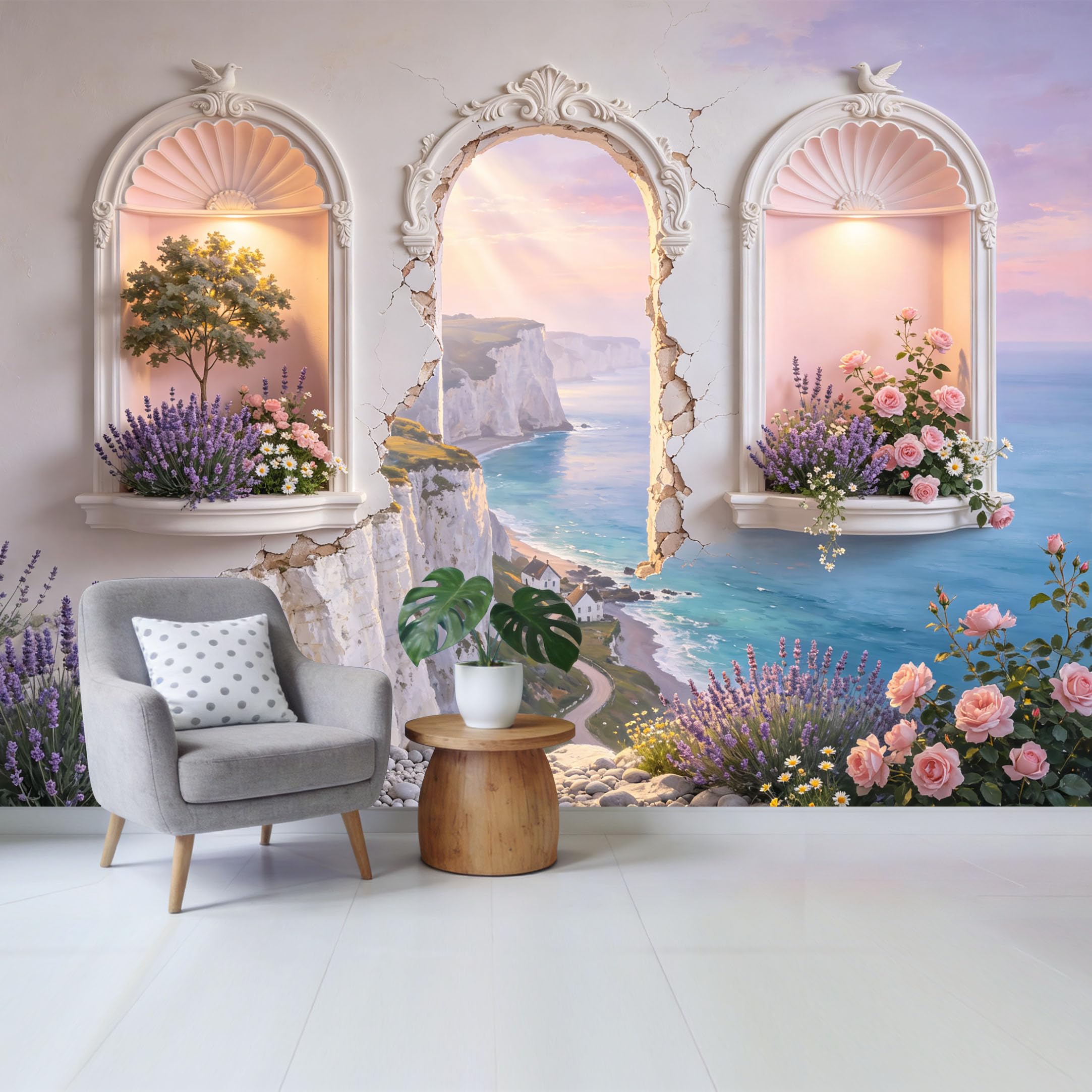 Custom Size Wall Mural Coastal Cliff View Lavender Rose Floral Archway Removable Self Adhesive Fabric Home Wall Decor for Living Room Bedroom Bathroom