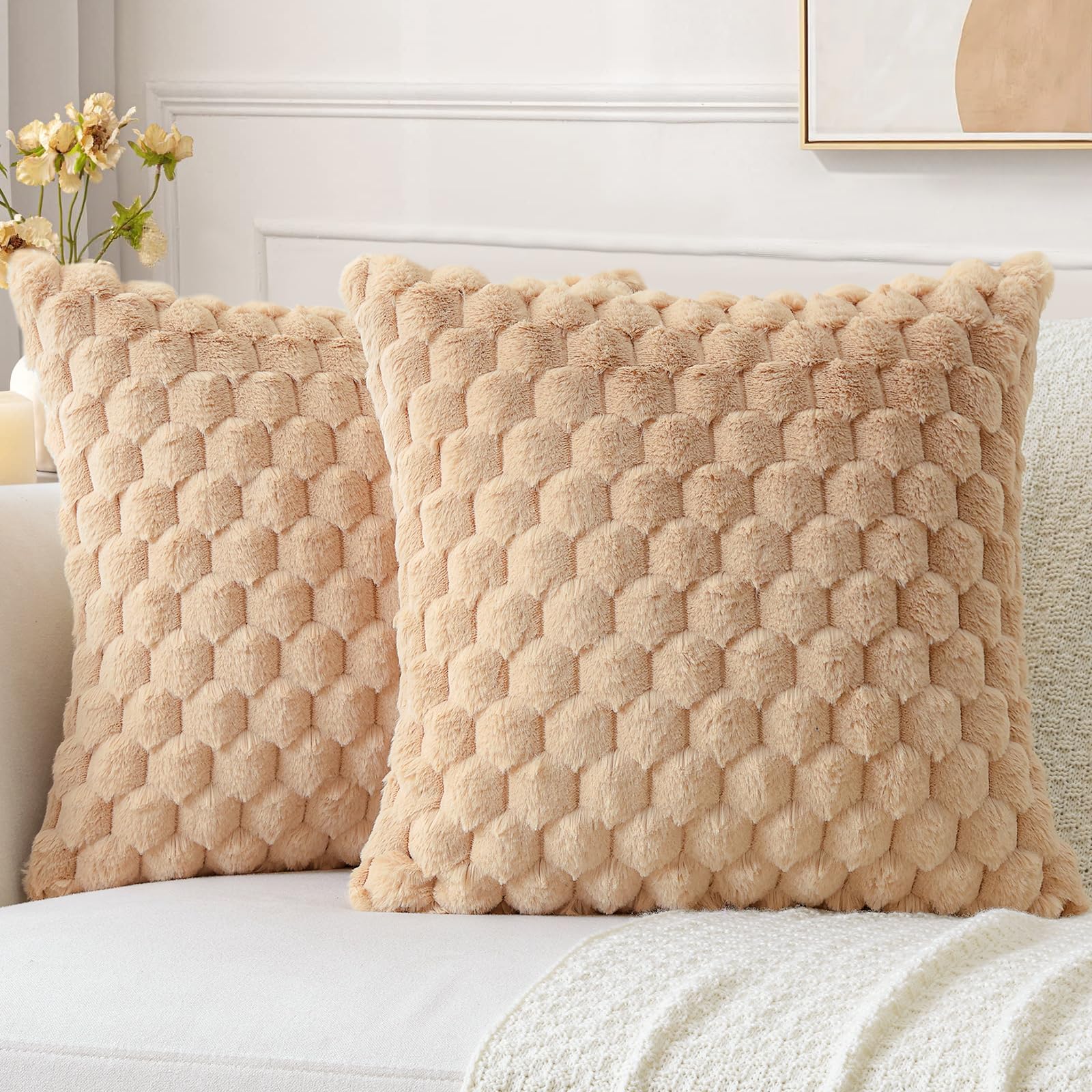 Sungeek Set of 2 Light Brown Fluffy Faux Fur Cushion Covers 60x60 cm, Soft Cozy Plush Velvet Decorative Throw Pillow Covers 24x24 Inch Square Pillowcases for Sofa Couch Bed Living Room โ image 1