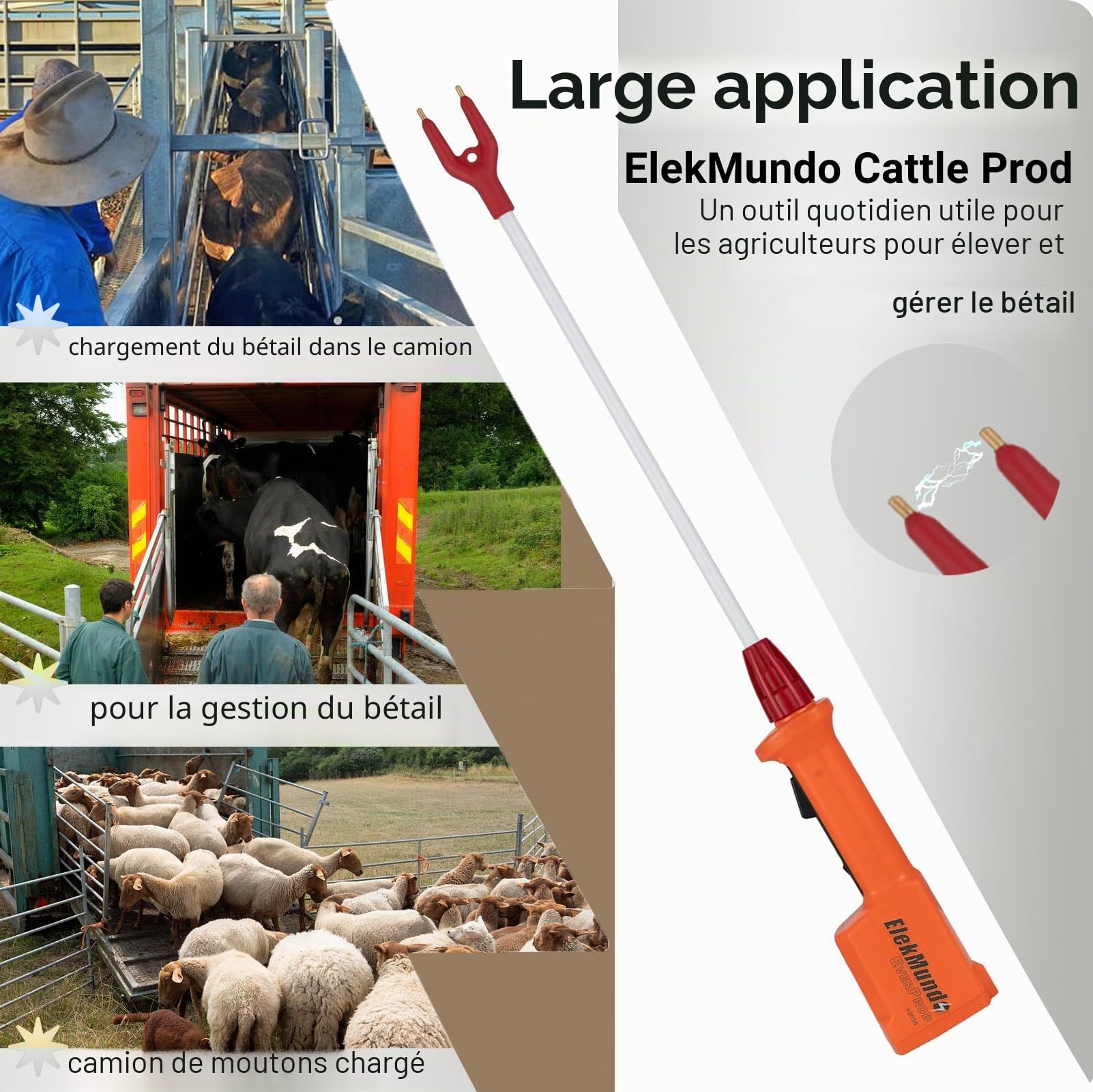 Prod à bétail étanche pour bovins, porcs, chèvres, moutons pour grands chiens, prod d'animaux électrique rechargeable, longueur totale 85,1 cm (avec manche de 58,4 cm de long)