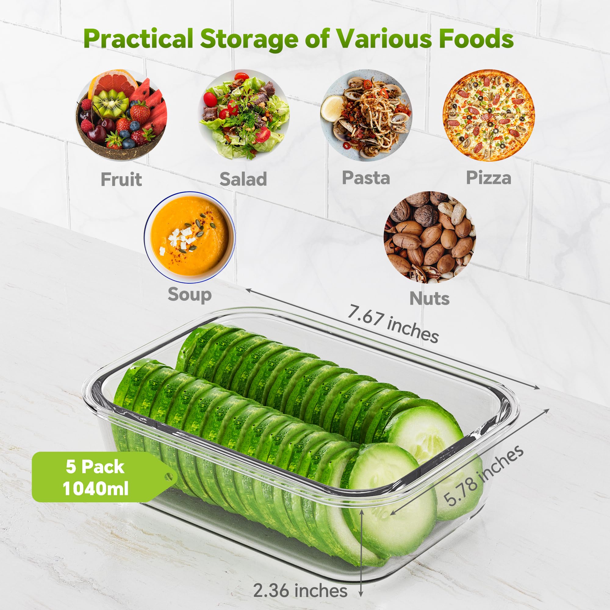 Confezione da 5 contenitori per alimenti in vetro borosilicato con coperchio, impilabili, ermetici, per pranzo e avanzi, senza BPA e a prova di perdite, per microonde, forno, lavastoviglie