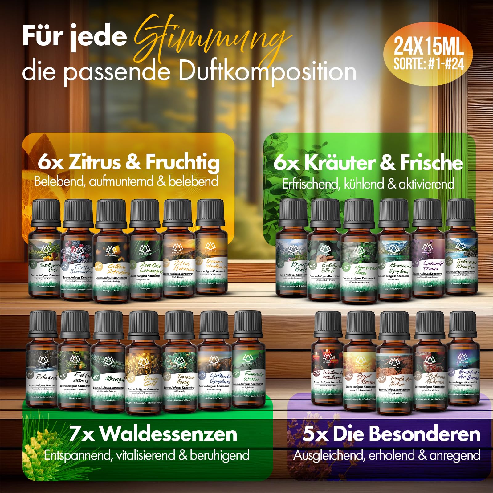 NORDHOLZ® Saunaaufguss Discovery Box 24x15ml Naturreine Ätherische Öle Sauna Aufgussmittel