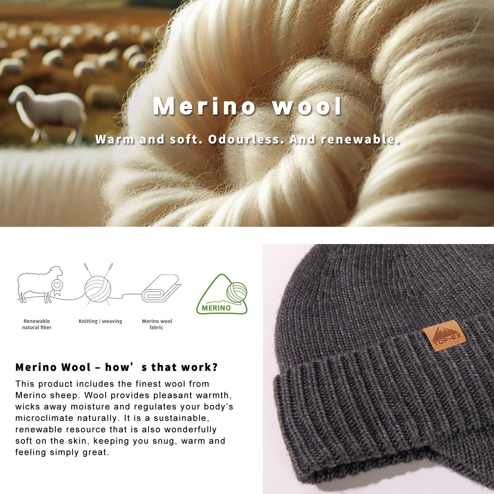 TOP-EX XL/XXL DryKnit Unisex 80% Merinowolle wasserdichte Beanie, warme Wintermütze mit Fleece gefüttert & Ohrenklappe