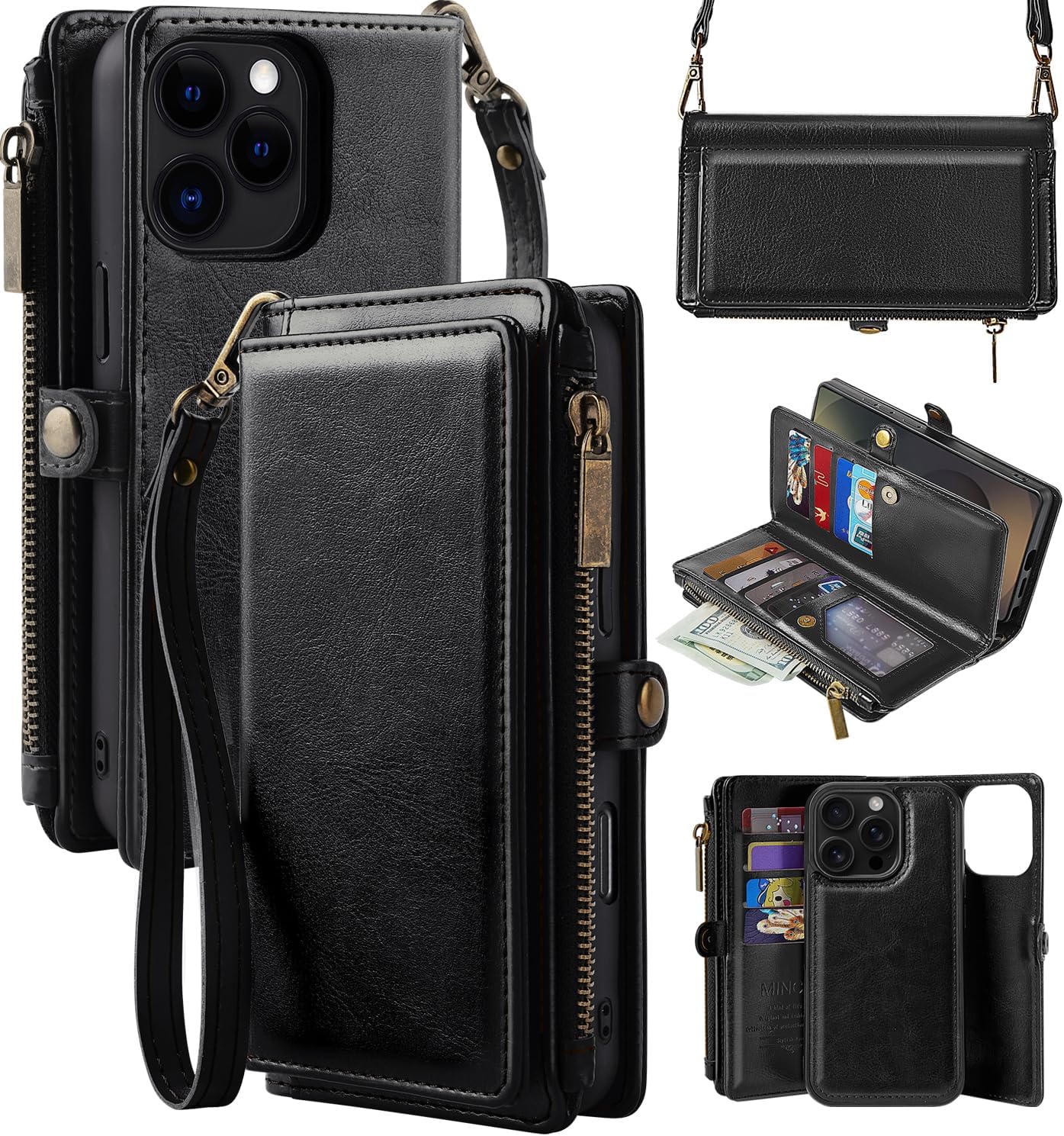 MInCYB for iPhone 16 Pro Max Wallet Case with Crossbody Strap & Magnetic Detachable PU Leather RFID Blocking Card Holder for Women Men, 6.7" - Black