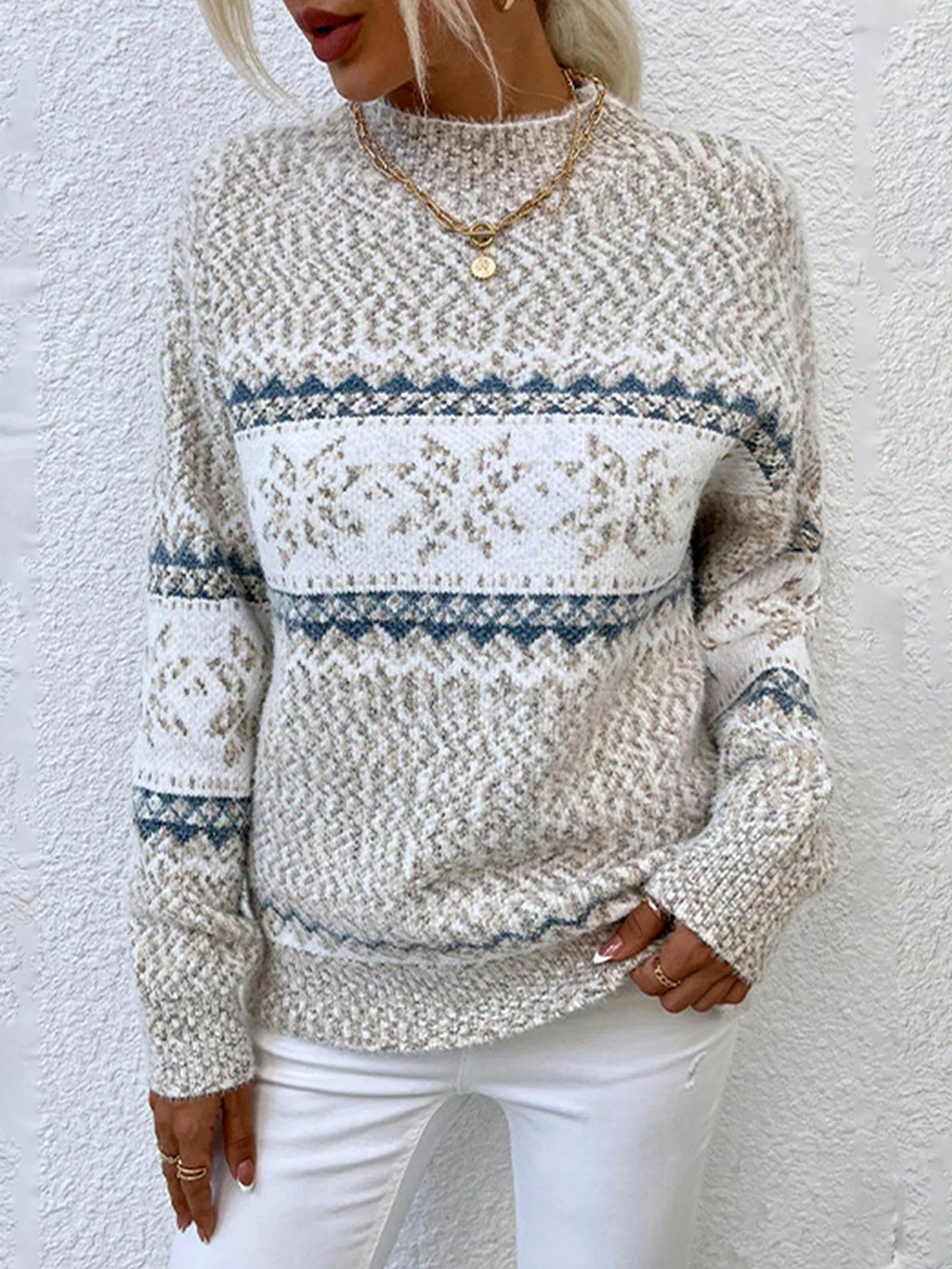 Maglione Natalizio Largo da Donna, con Stampa a Fiocchi di Neve, a ma Lunghe, con Collo Alto e Mezza Manica, Maglione Largo per Le Vacanze Invernali, Maglia Rosa-M