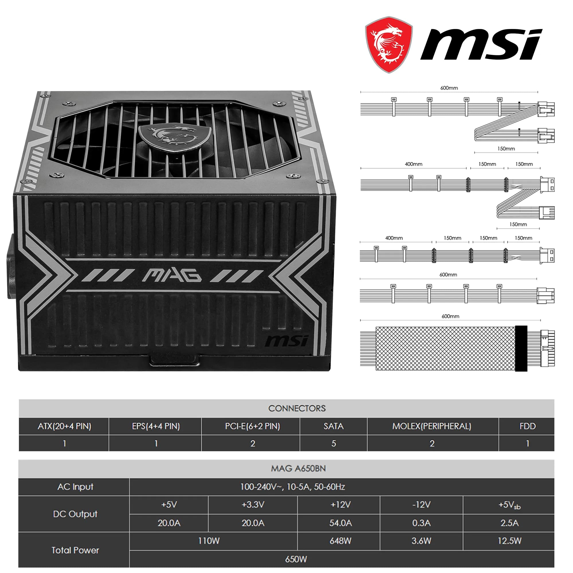 MSI mag A650BNL PSU 650W 80+ Bronze 306-7ZPAX11-809