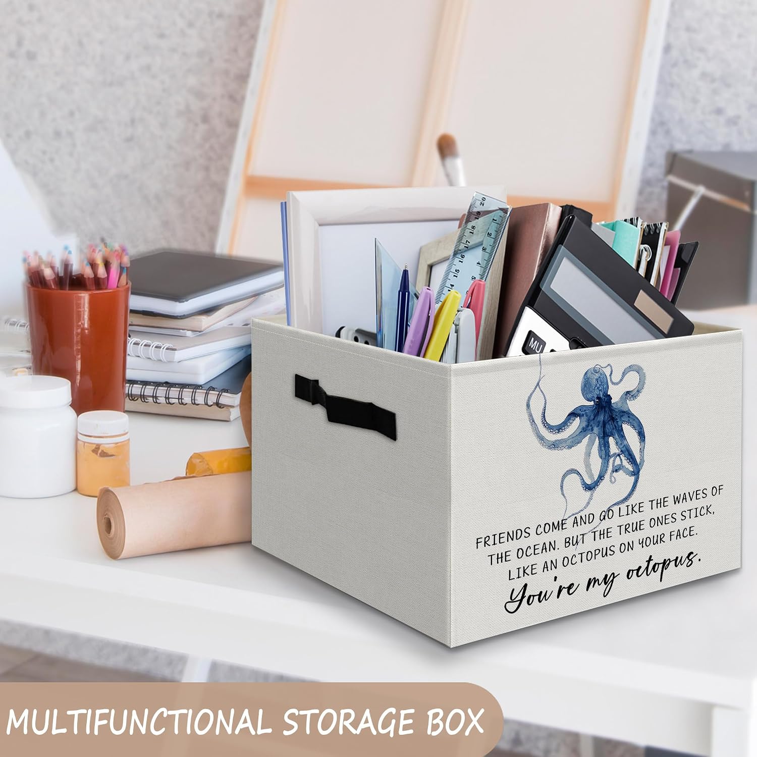 Coastal Beach Octopus Decor Foldable Basket Storage Bins Box with Handles, Friends Friendship Gifts, Ocean Beachy Octopus Collapsible Organizer Basket for Bedroom Bathroom Clothes Toys Books