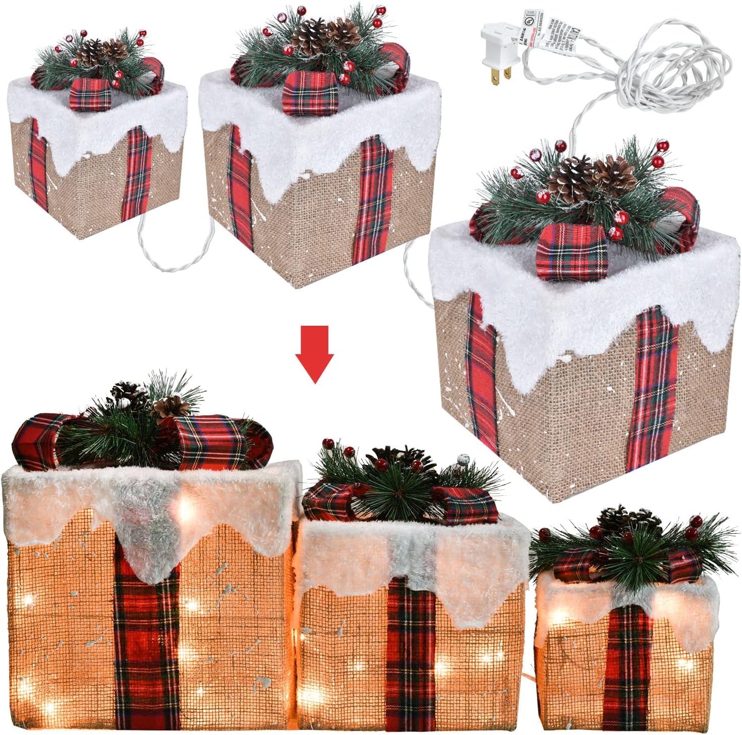 Lvydec Lighted Gift Boxes Christmas Decoration, Set of 3 Flaxen Christmas Tree Gift Box with Built-in LED Lights for Indoor/Outdoor Holiday Home Party Porch Christmas Tree Skirt Decoration : Patio, Lawn & Garden