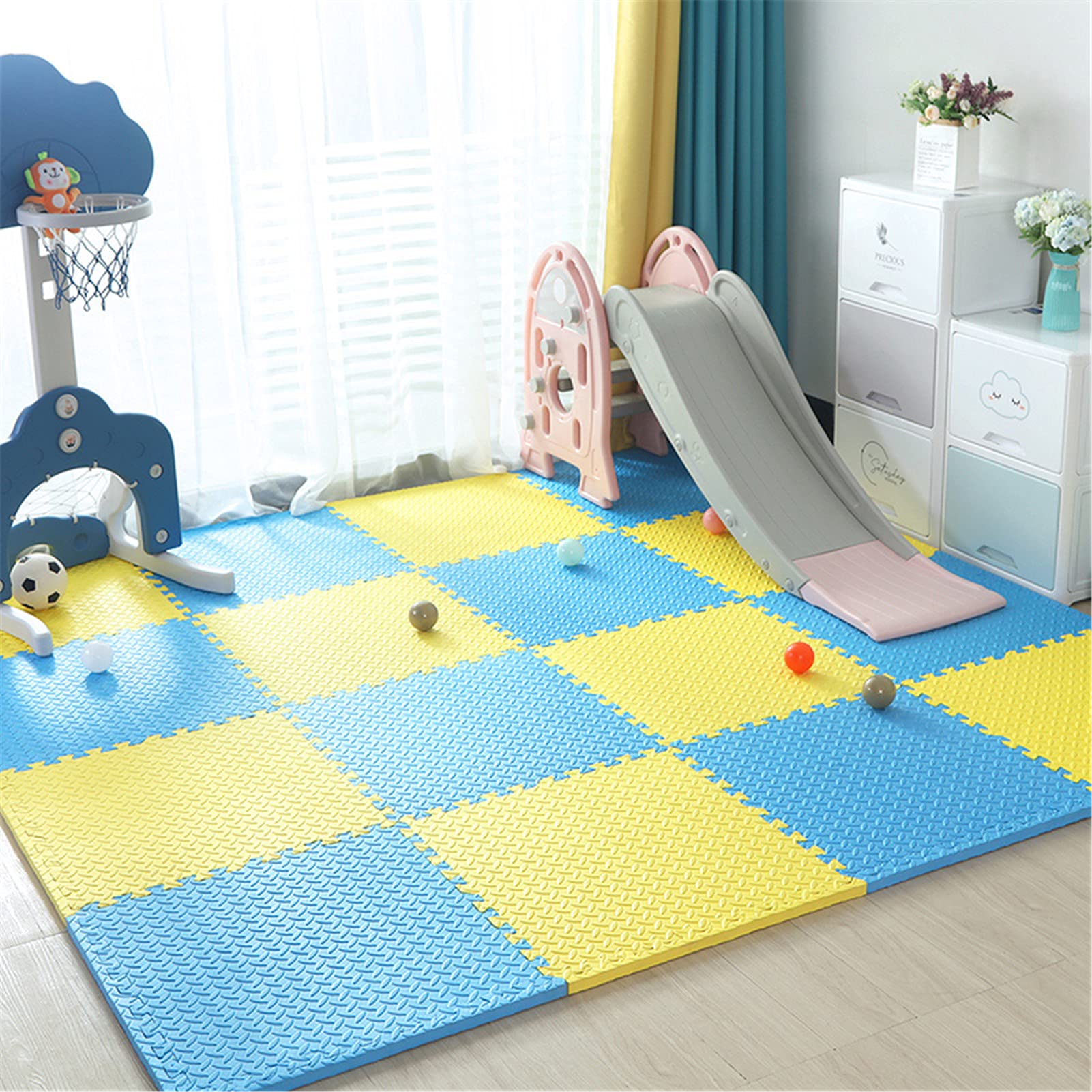 Tapis de Jeu pour Puzzle Mousse pour Enfants, Tapis de Jeu pour Puzzle à emboîtement en Mousse EVA, idéal pour Salon, Jardin, Salle de Sport,Blue+Yellow,9