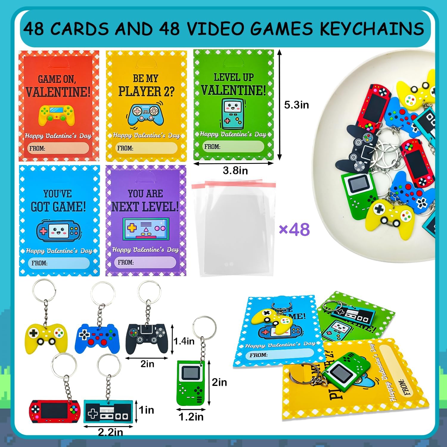 Bulk Valentines Day Cards Gifts for Kids Class, 48 Pack Video Game Keychain with Classroom Exchange Cards for Toddler Boys Girls, Goodie Bag Stuffers School Party Favors Supplies Prizes for Classmates