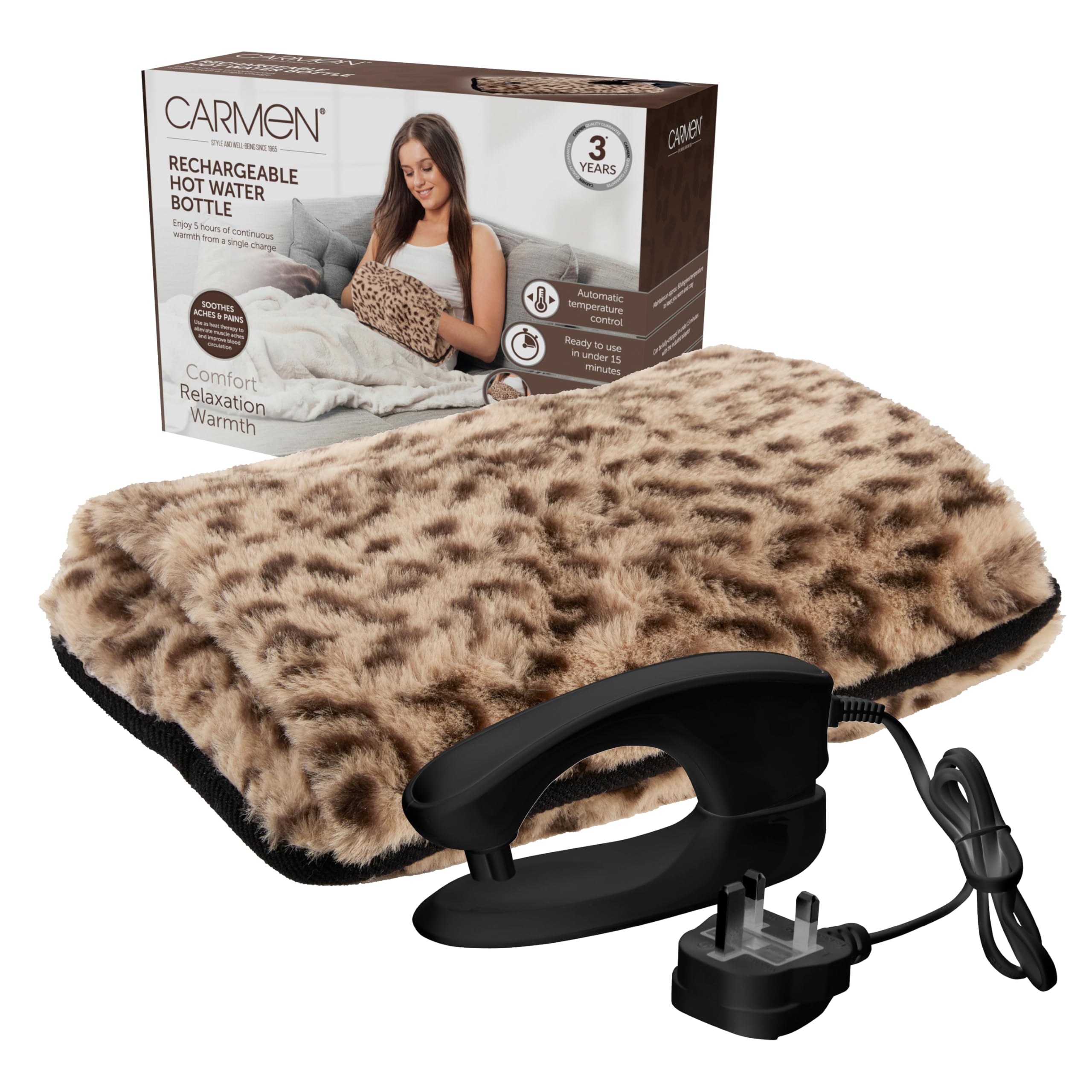 Carmen Leopard Print Rechargeable Hot Water Bottle, Hand Warmer, Automatic Temperature Control, Faux Fur – 350Gsm,H X 17Cm W X 24Cm, C85043lpd