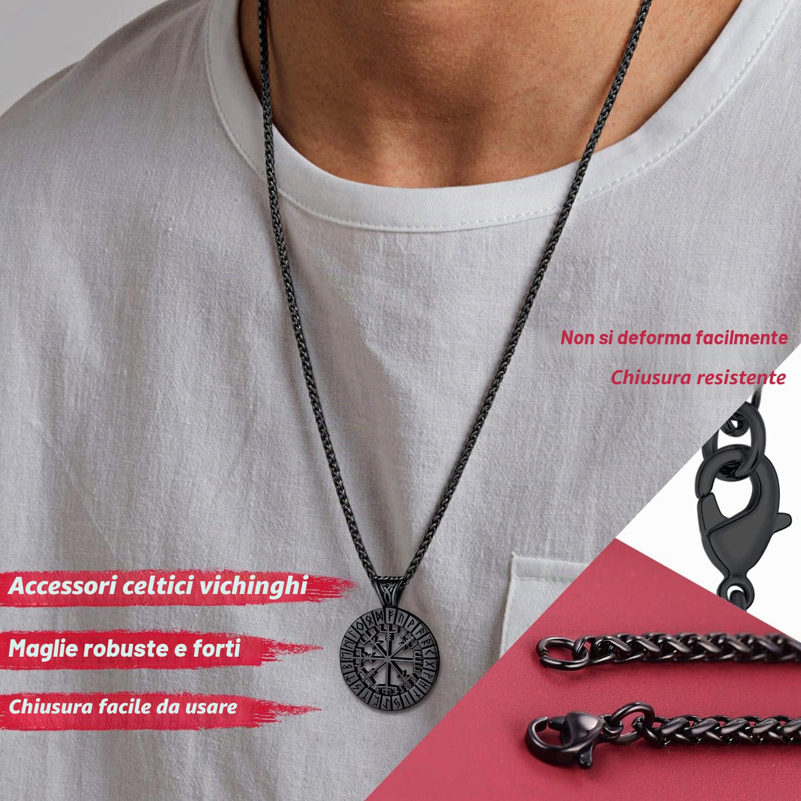 FaithHeart Bussola Vichinga Collana Runica Ciondolo Traforato Misteriose Rune Vichinghe Collana Uomo Acciaio Rune Cultura Vichinga in Argento Nero Oro Regalo
