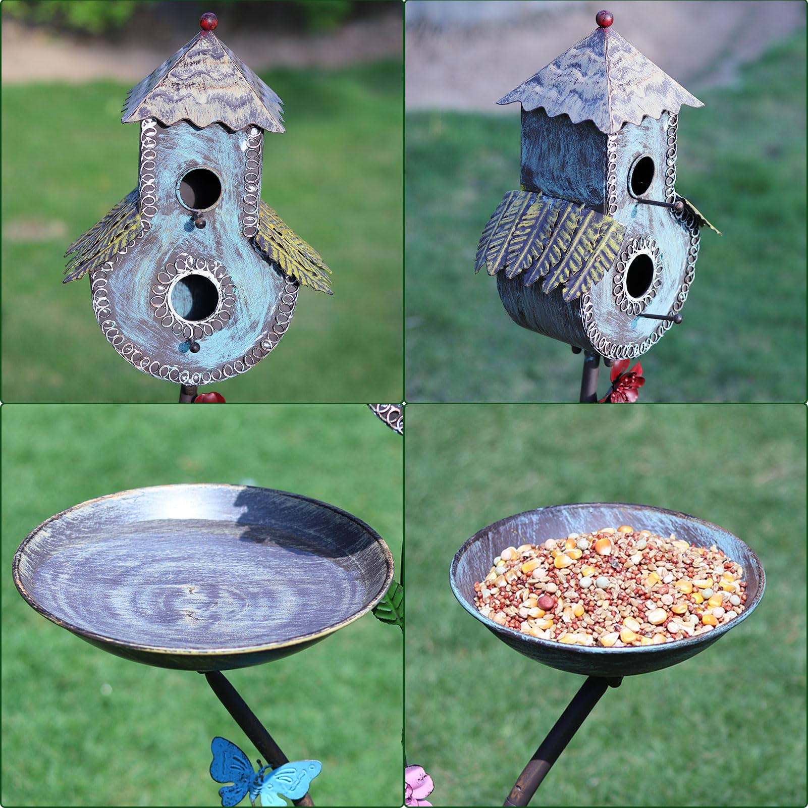 Vogeltränke aus Gusseisen für den Außenbereich, Metall-Vogeltränke und Vogelhaus | Vogeltränke, 96,5 cm, 3-in-1, Metall-Vogeltränke mit Vogelhäusern und Vogelfutterspender, Garten-Hof-Dekoration