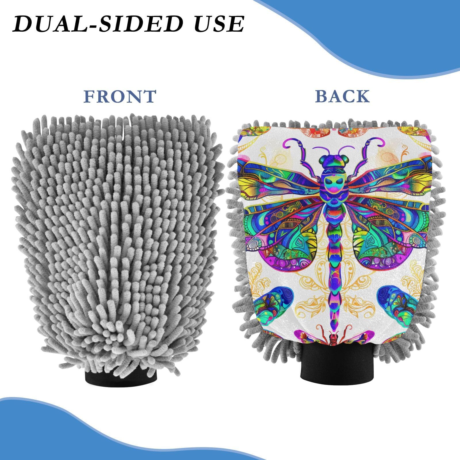 IOACIY Absorbent Microfiber Car Wash Drying Mitts, 2 Pack, Scratch-Free & Lint-Free, Rich Foam, Highly Absorbent, Double Sided, Wash Mitt Perfect for Car Washing, L, Dragonfly (4)