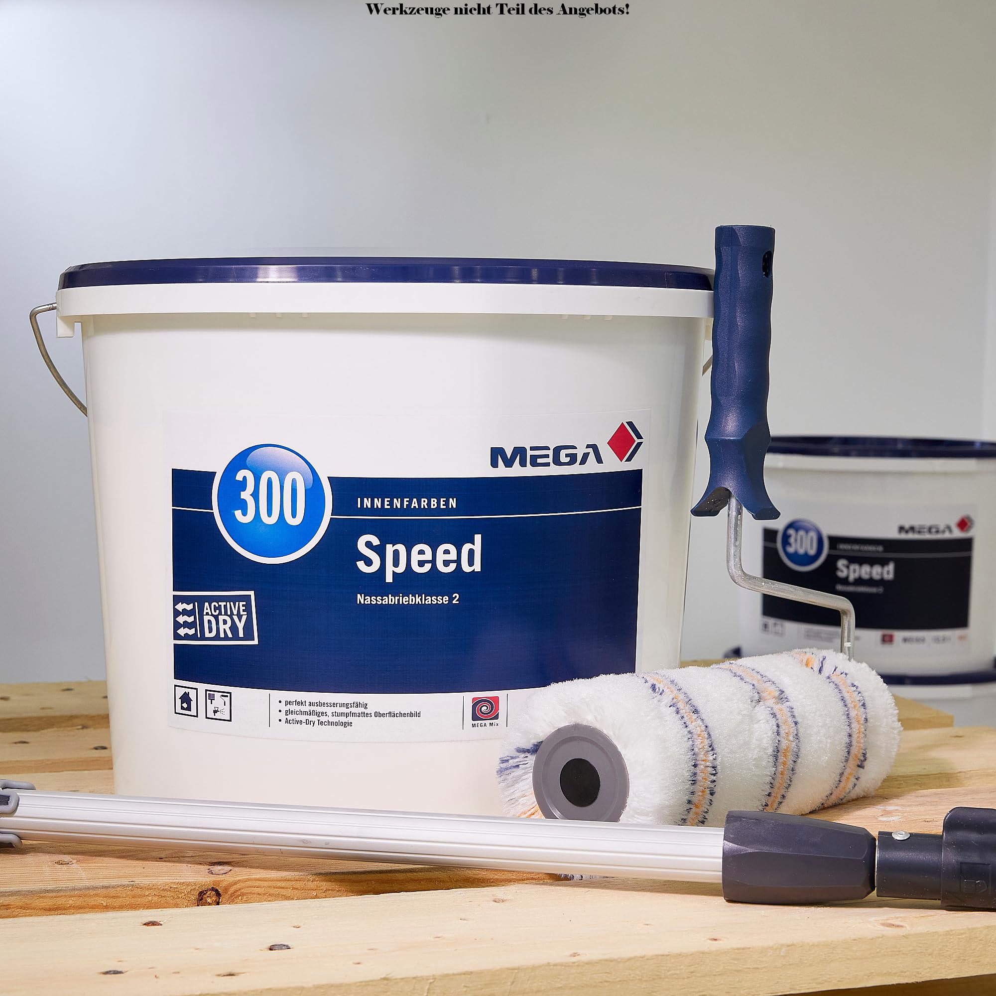 MEGA 300 Speed Wandfarbe Weiß 12,5L inkl. sdw-tools-Rührholz - Innenfarbe | Deckkraftklasse 1 | Scheuerbeständig | Profi-Wandfarbe für streifenfreie Wände & Decken | Weichmacher- & Lösemittelfrei