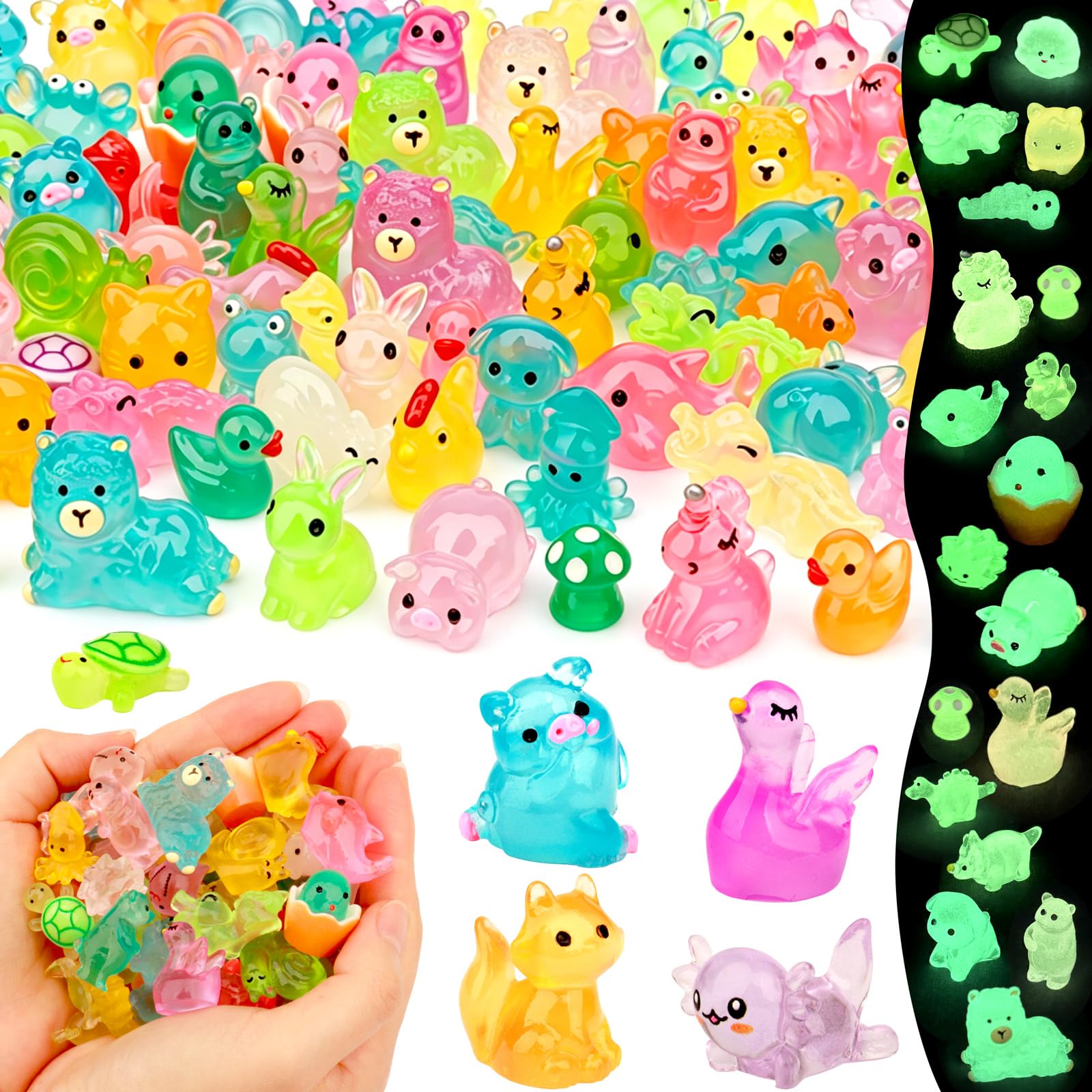 150 PCS Mini Resin Animals Mixed, 30+ Luminous Tiny Miniature Glass Animals
