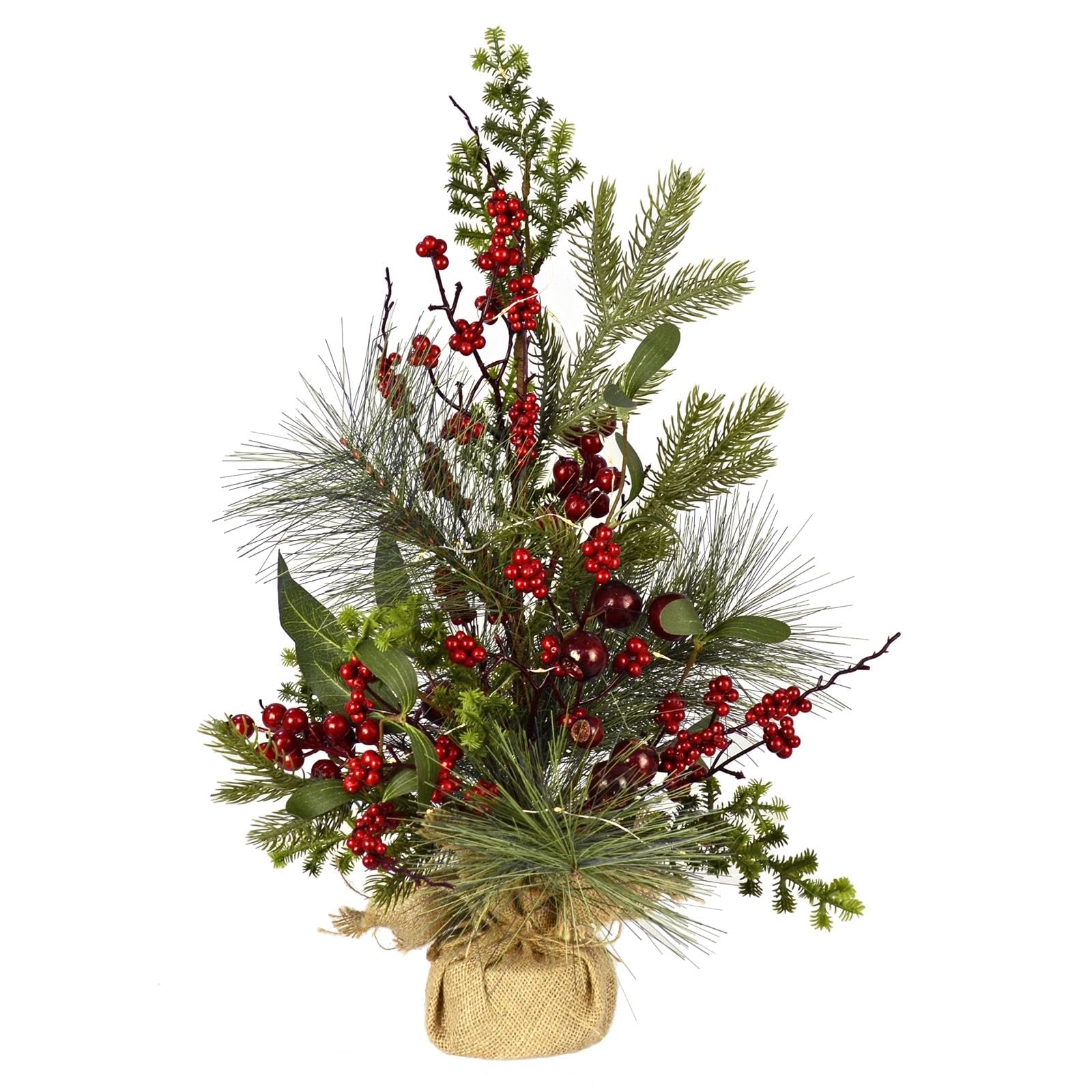 Red Berries Christmas Tree Pre-Lit Artificial Green Pine Branches Jute Base 60cm