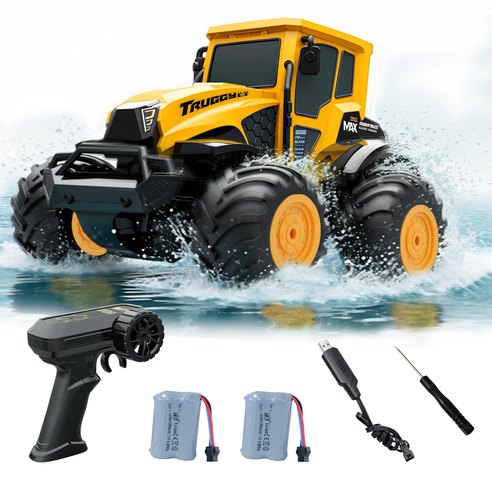 Macchina Telecomandata Anfibia 4x4 per Bambini 6+ Anni, RC Auto Monster Truck con 2 Batterie 90 Minuti, 360° Rotazione Doppio Lato, IPX7 Impermeabile, Regalo di Natale e Compleanno per Ragazzi
