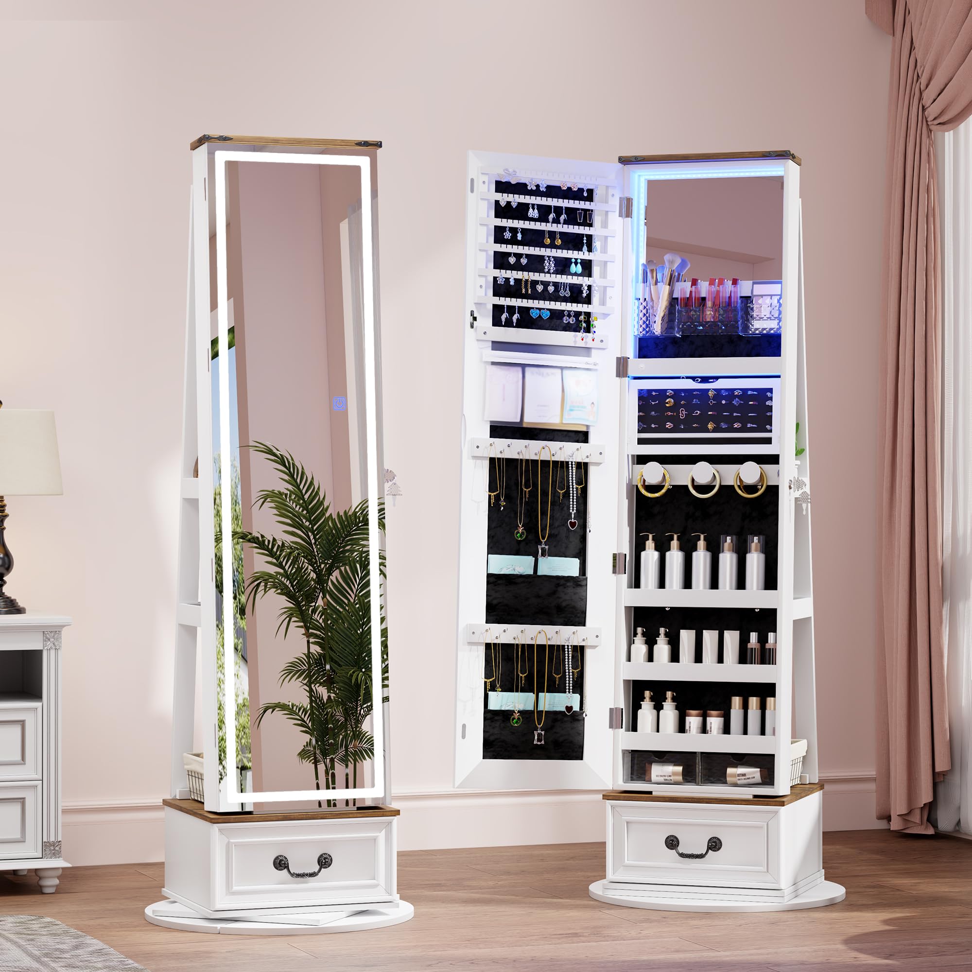 LVSOMT LED Mirror Jewelry Cabinet Standing, 360°Swivel Jewelry Armoire with Full Length Mirror, Mirror with Jewelry Storage and Large Wooden Drawer for Christmas Gifts (): Farmhouse White