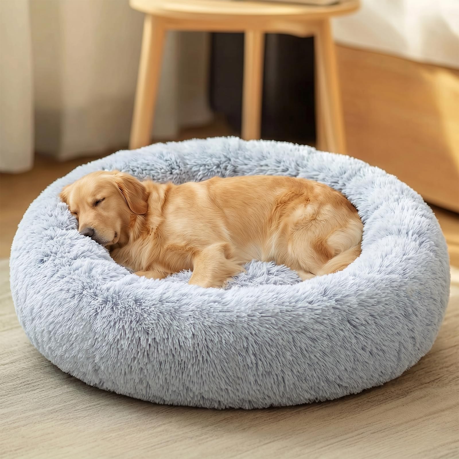 JOLLYVOGUE Camas calmantes para perros de tamaño extragrande, cama grande lavable con donas de 45 pulgadas, antideslizante y antiansiedad, cama redonda de piel sintética esponjosa, se adapta a