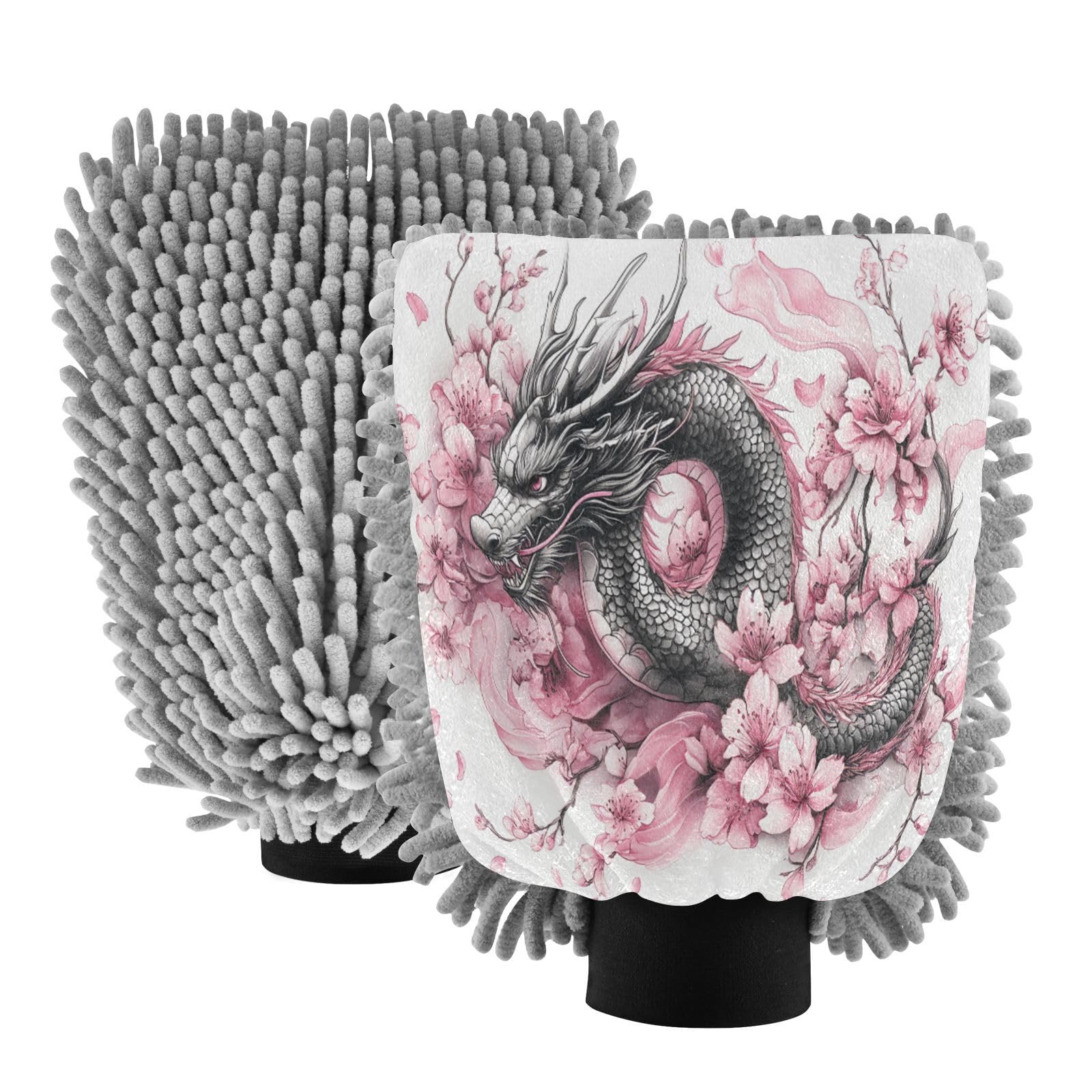 STAYTOP Beautiful Japanese Dragon Car Wash Mitt Microfiber, 2Pcs Scratch Free Lint-Free, Premium Chenille Microfiber Mitt Car Wash Brush-M