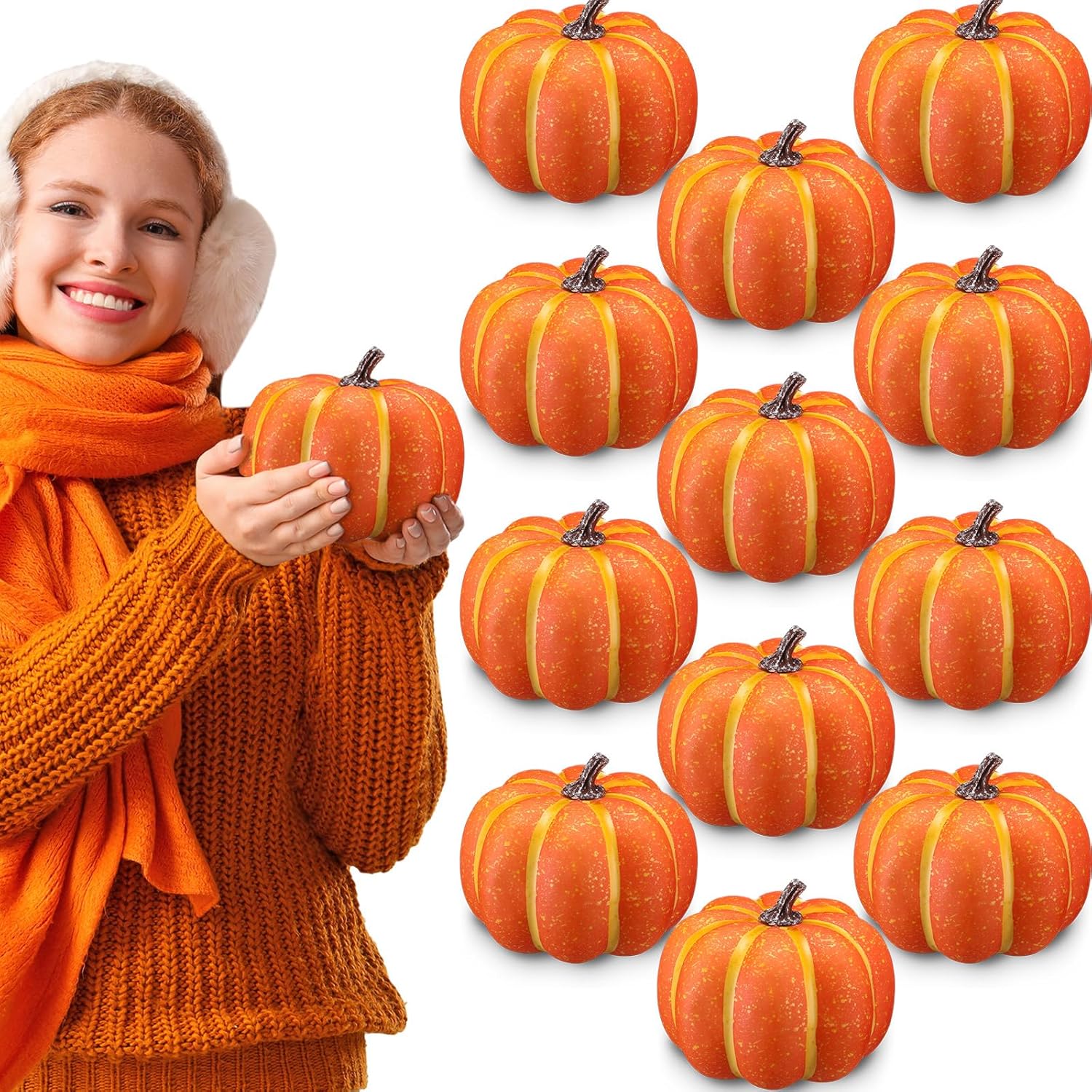 Liliful 6" Foam Artificial Pumpkins Fall Harvest Pumpkins Fake Pumpkin Decor Plastic Pumpkins Carvable Foam Pumpkin for Halloween Thanksgiving Home Decor(Orange,12 Pcs) Orange 12