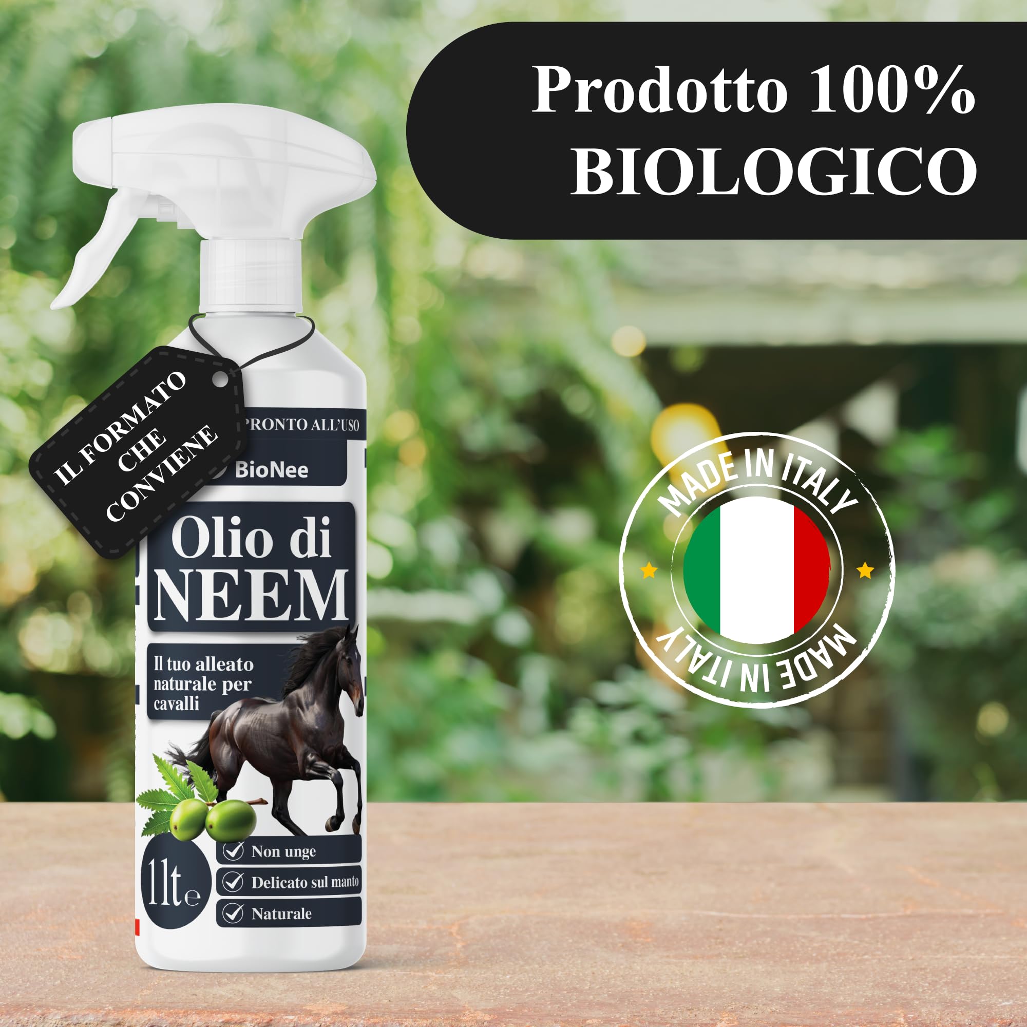 Huile de Neem Spray Chevaux 1L - Lotion Naturelle prête à l'emploi, Action Protection contre les Insectes et les Parasites, Non Onge, Doux sur le Mant, Hydrosoluble