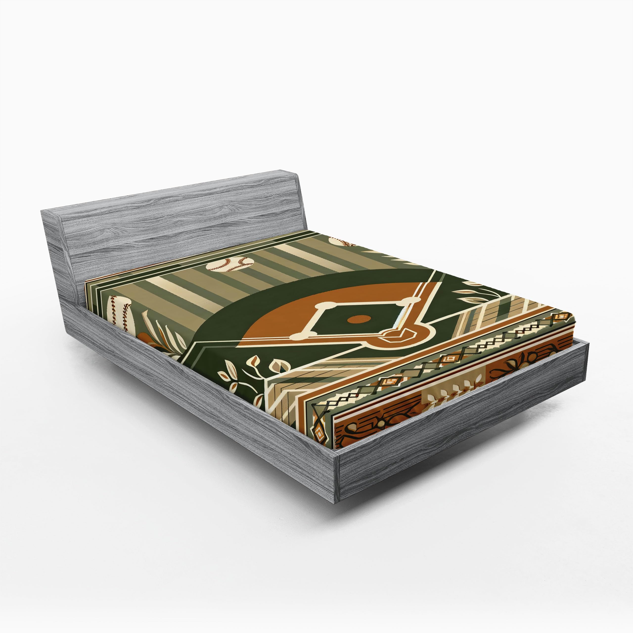 Ambesonne Baseball 2 Pack Fitted Sheet, Field Balls Leaves Print, Bed Cover All-Round Elastic Deep Pockets 2 Pieces, Package Contains 2 Queen Size Fitted Sheets, Olive Green Cinnamon