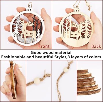 Winter Wonderland Wooden Ornaments for Holiday Tree - 6 Pack Winter Christmas Tree Decorations