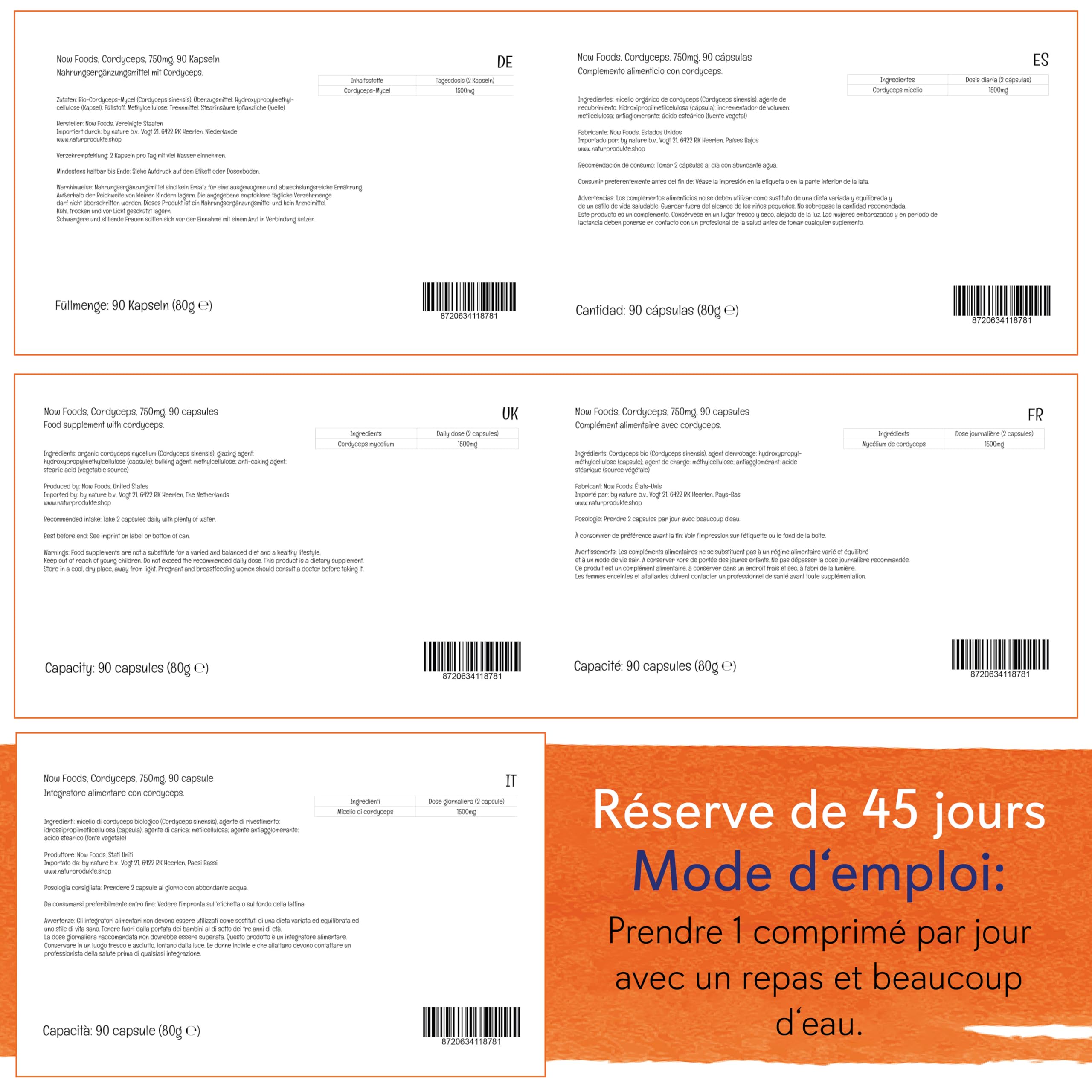 Now Foods, Cordyceps, 750mg, 90 Capsules végétaliennes, Sans Gluten, Sans Soja, Végétarien, Sans OGM