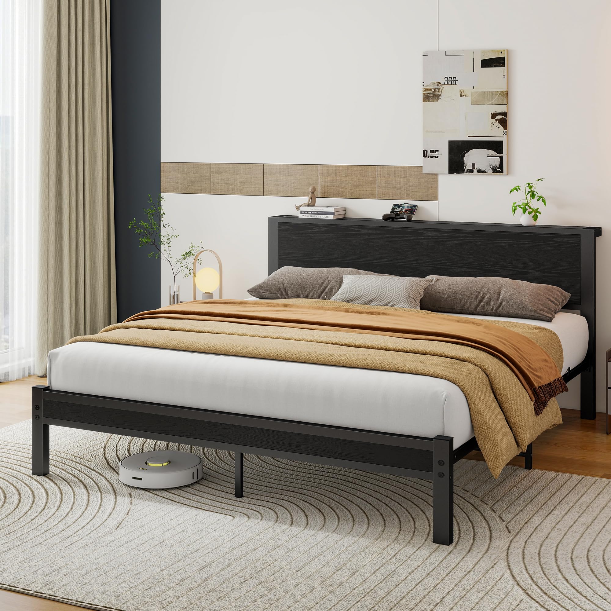 DUMEE King Size Bed Frame with Wooden Storage Headboard, Metal Bed Frame King Size Bed Base/Mattress Foundation, Enhanced Support Noise Free, Black — image 1
