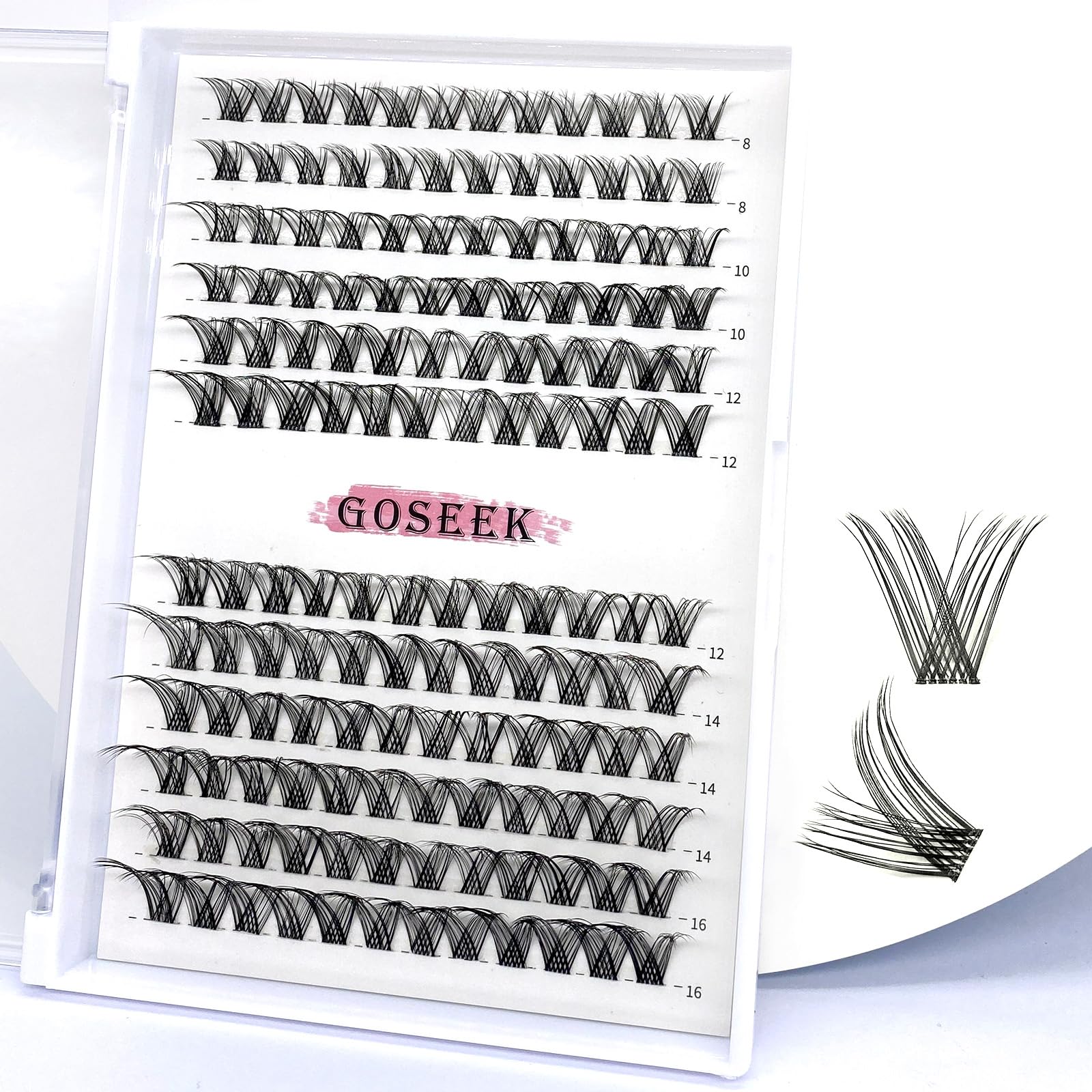GOSEEKLash Clusters GOSEEK A02 Clear Band 144 Cluster Lashes Mixed Tray DIY Lashes Eyelash Extension Individual Lashes Eyelash Clusters Extensions Lash extension DIY at Home(A02,8-16MM Clear Band)