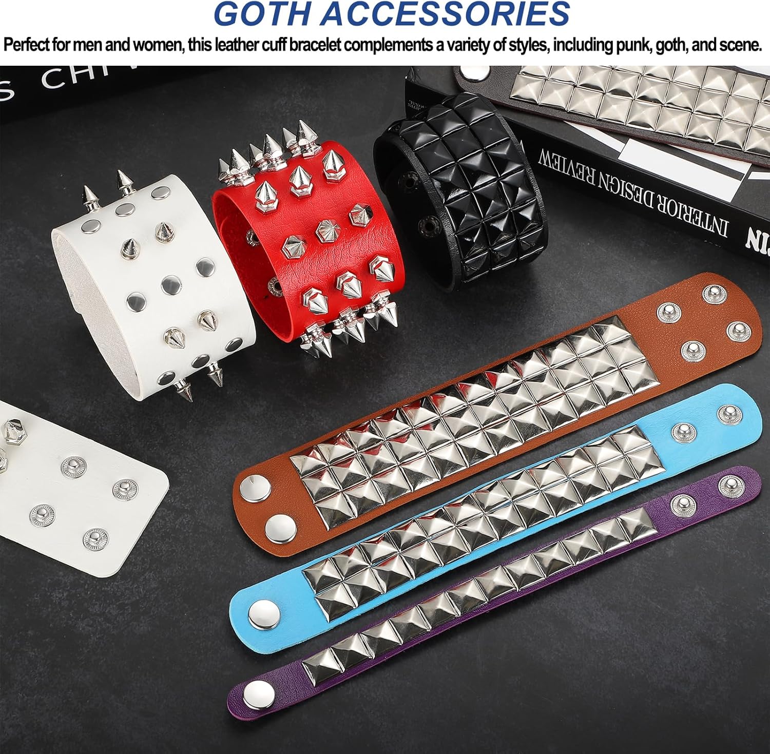 MECCANIXITY 2 Pcs Leather Punk Bracelet 8.7"/22cm Layered Row Conical Spikes Bracelet - Image 4